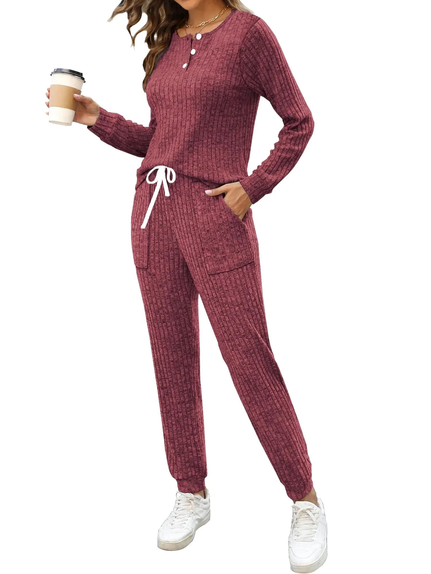 Two Piece Womens Pajama Sets Button down Shirts and Drawstring Pants with Pockets Solid Lounge Sets for Women