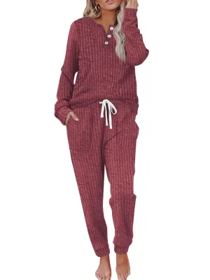 Two Piece Womens Pajama Sets Button down Shirts and Drawstring Pants with Pockets Solid Lounge Sets for Women