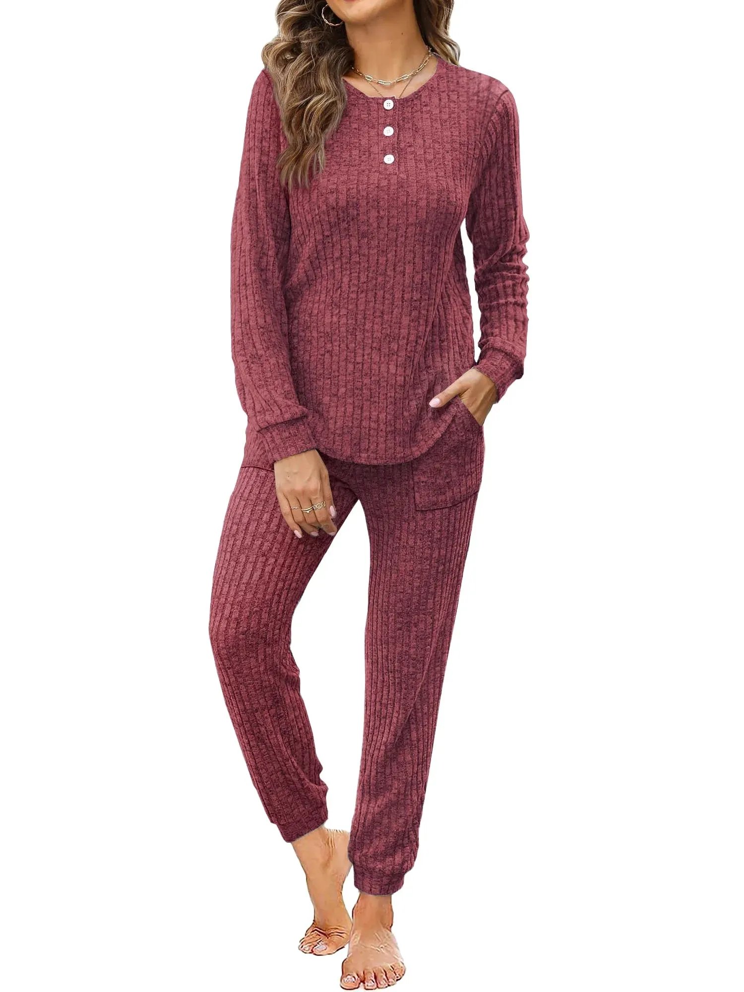 Two Piece Womens Pajama Sets Button down Shirts and Drawstring Pants with Pockets Solid Lounge Sets for Women