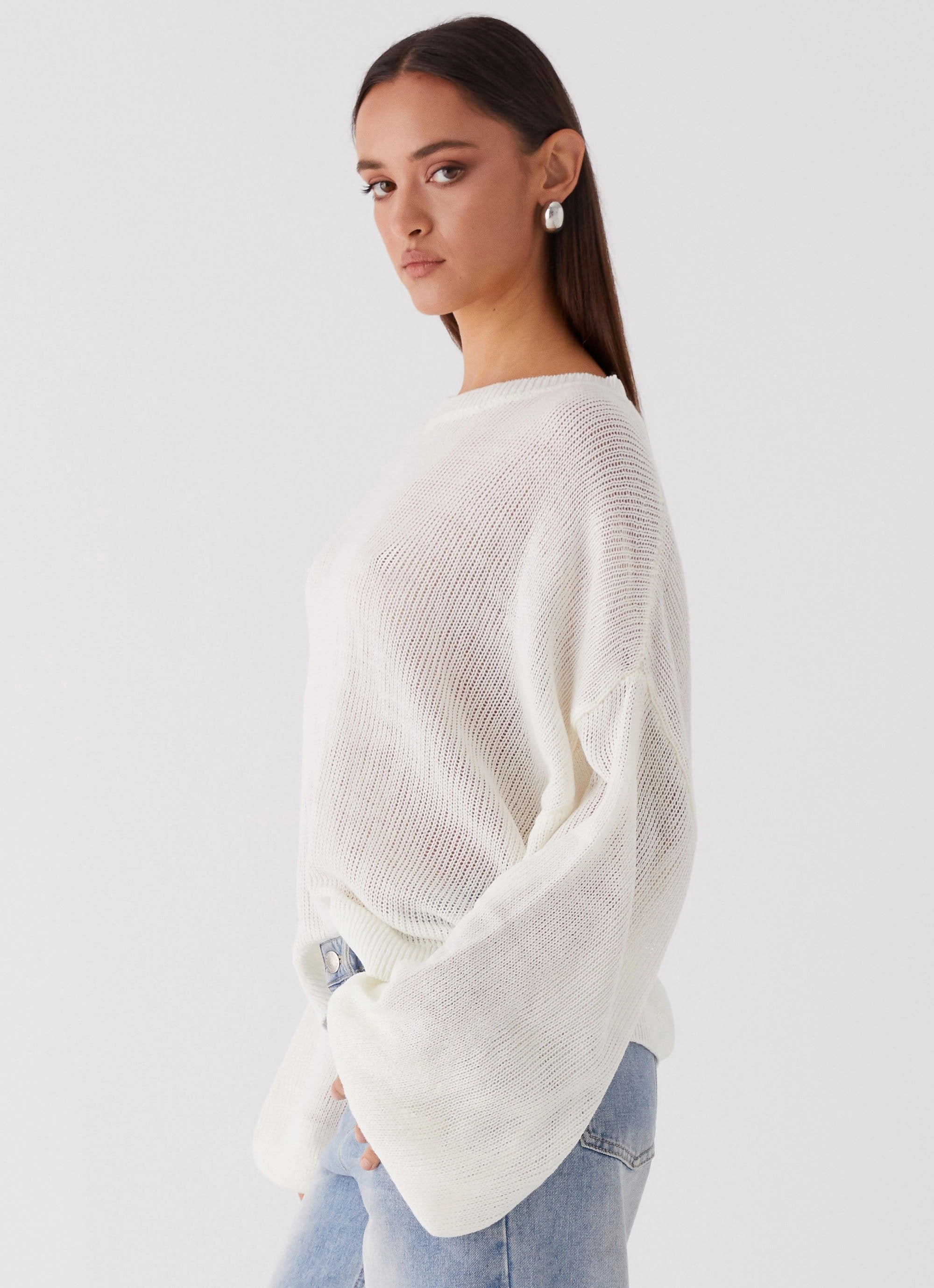 Stretch Material DoubleStitched Hem Tyla Oversized Knit Sweater - White