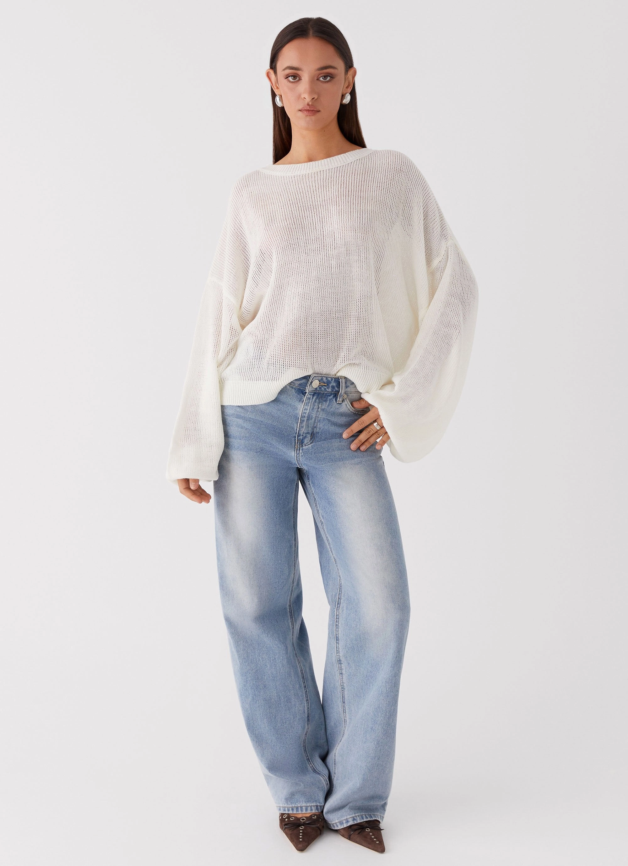 Soft Brushed Lining LayeredPanel Tyla Oversized Knit Sweater - White