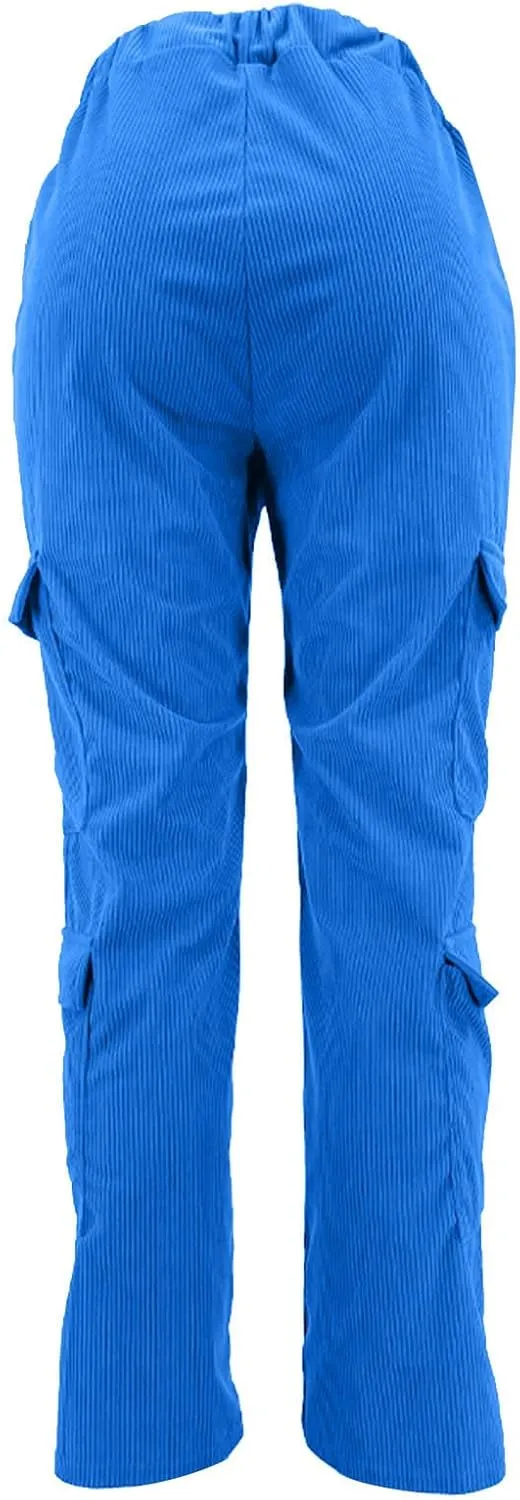 Uillui Corduroy Cargo Pants for Women High Waist Loose Fit Straight Leg Pant Fashion Casual Multi-Pocket Trouser Hiking Pant