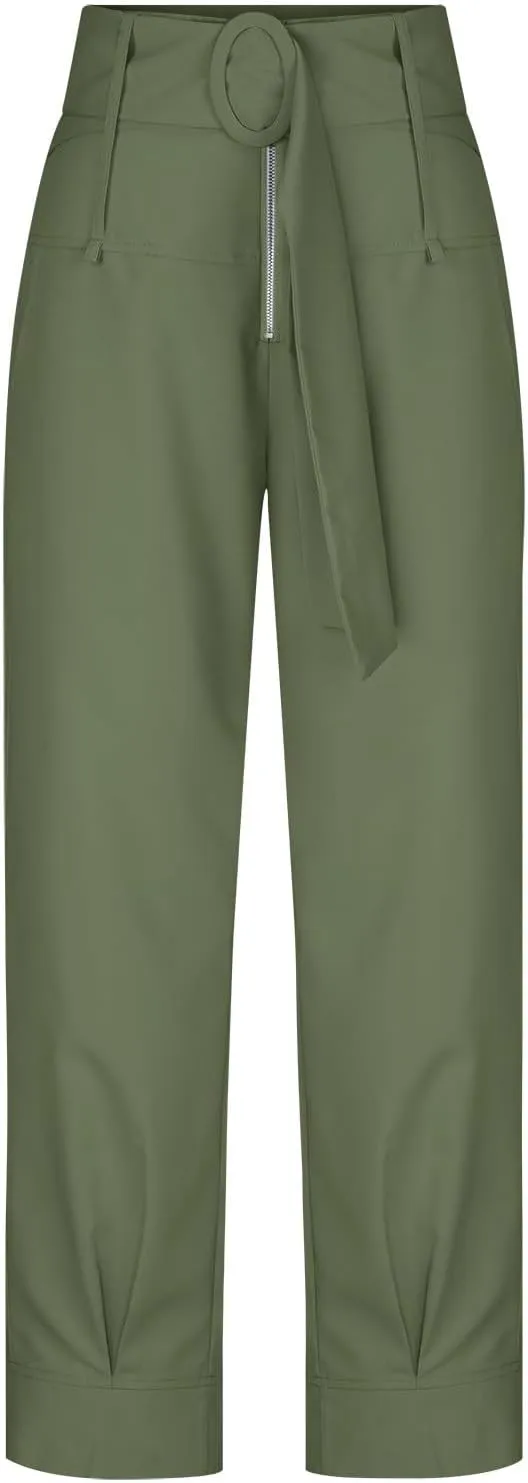 Uillui Womens Work Pants Dressy High Waist Straight Leg Slacks with Belt Slim Fit Trousers Solid Color Versatile Casual Pant