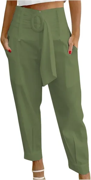 Uillui Womens Work Pants Dressy High Waist Straight Leg Slacks with Belt Slim Fit Trousers Solid Color Versatile Casual Pant