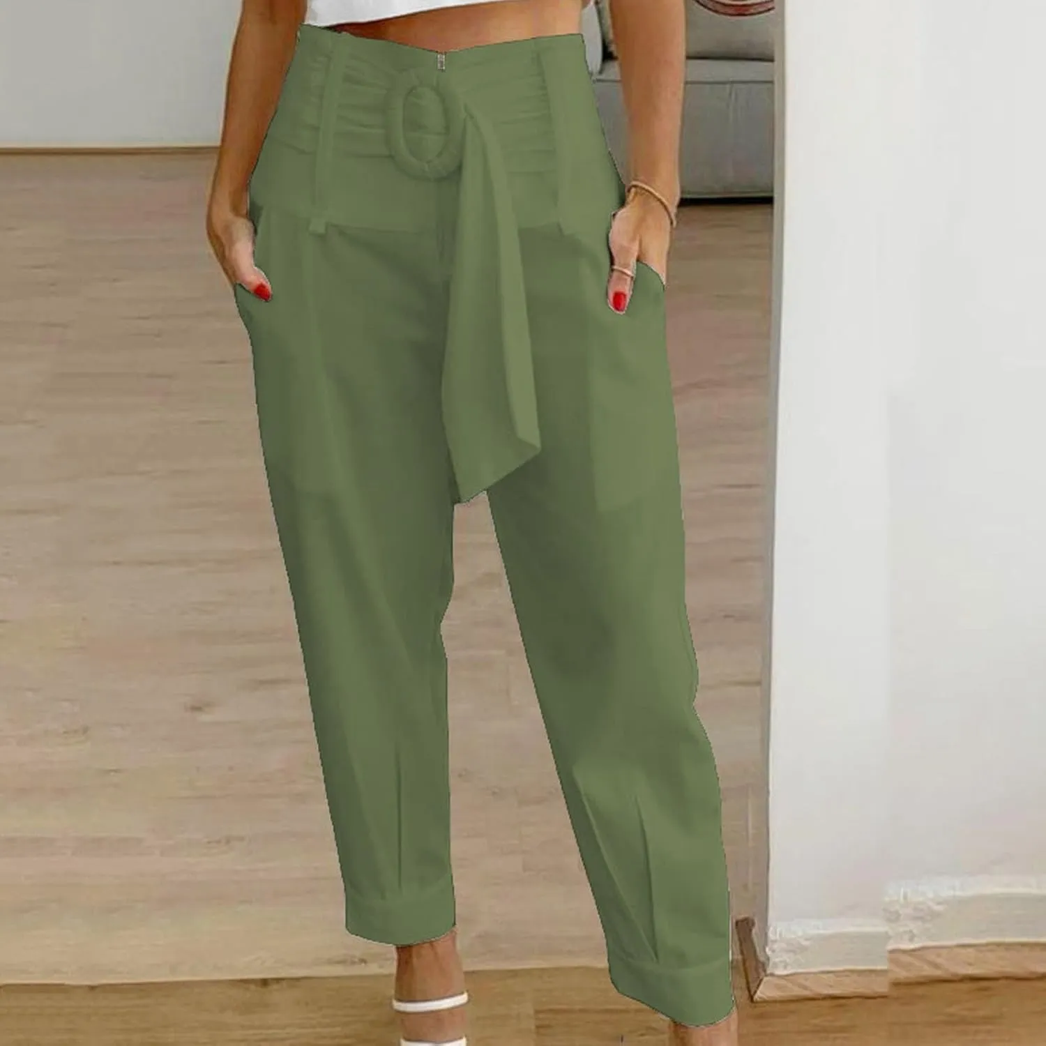 Uillui Womens Work Pants Dressy High Waist Straight Leg Slacks with Belt Slim Fit Trousers Solid Color Versatile Casual Pant