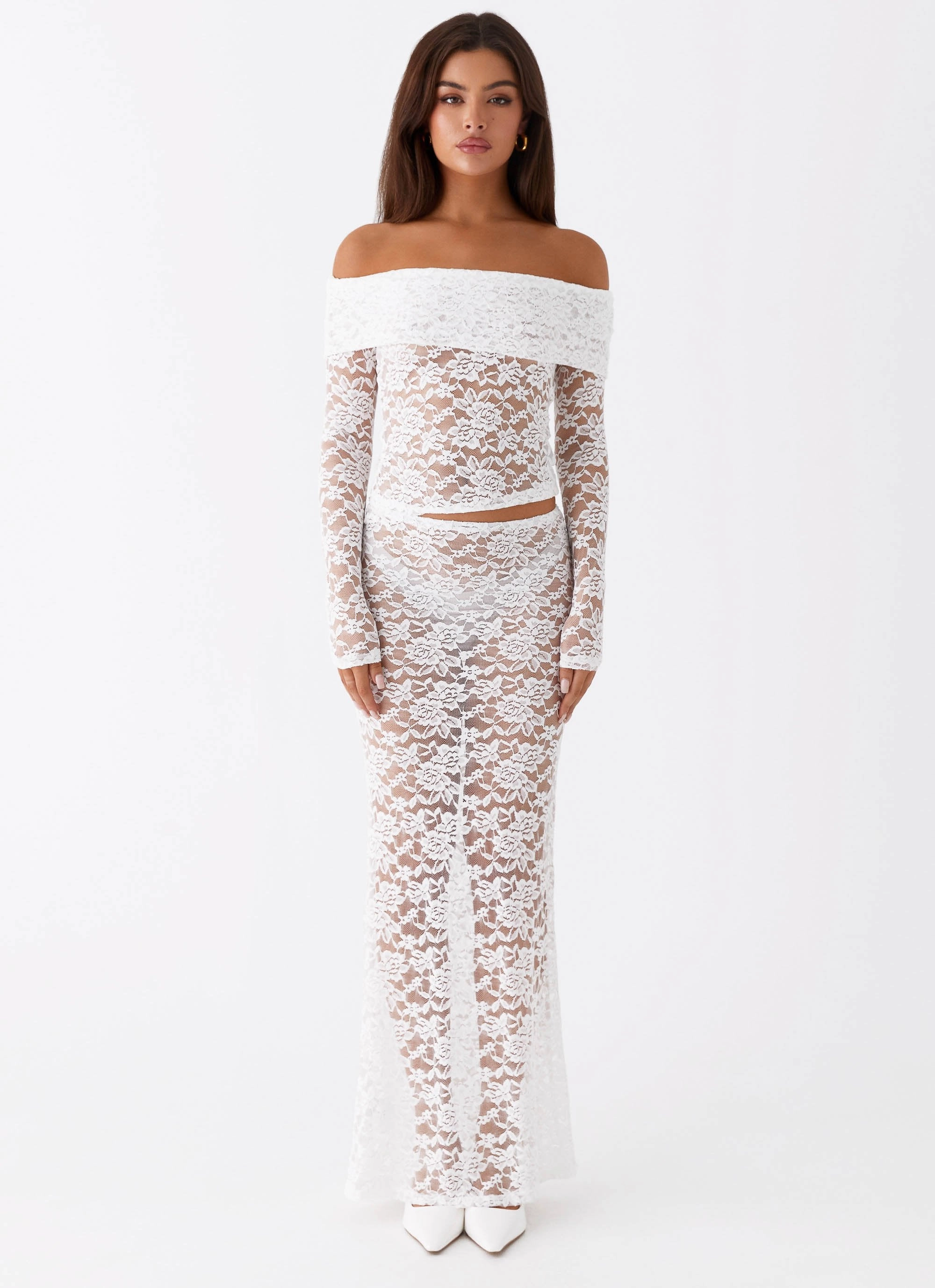 Zephyra Lace Maxi Skirt - White Rubberized Trims Logo Free Style
