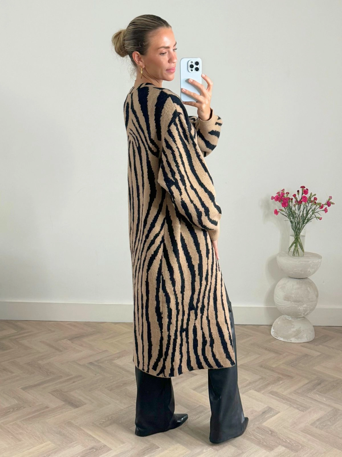 Eliana Zebra Cardigan In Neutral & Black DurableDoubleLayeredHem