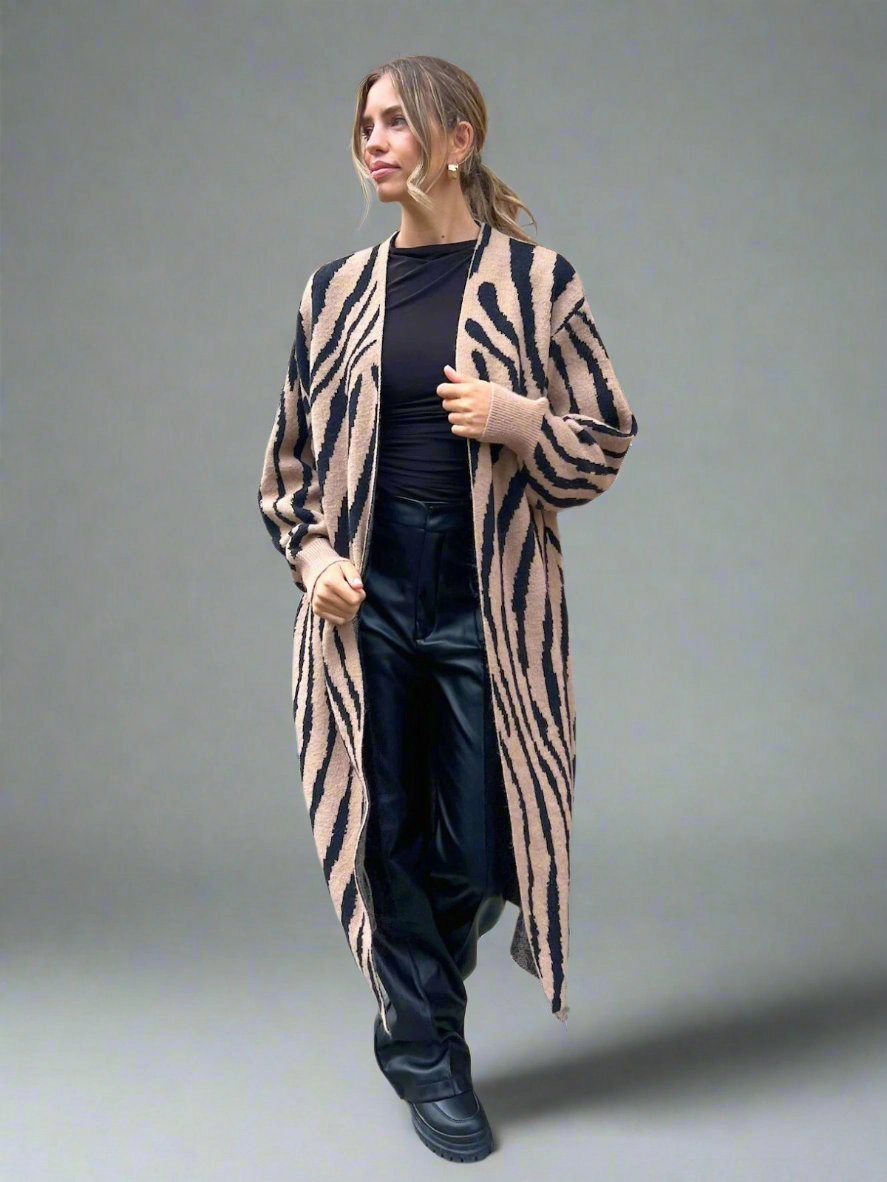 Eliana Zebra Cardigan In Neutral & Black Moisture Management Fabric