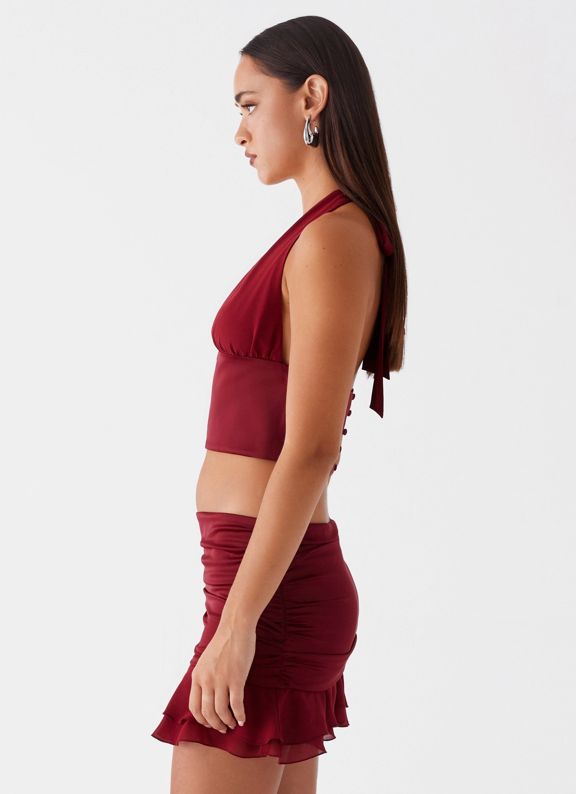 Kitty Chiffon Halter Top - Cherry Red Elasticated Hem