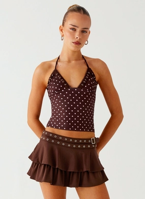 UltraSoftWeave Bahama Eyelet Lace Up Top - Chocolate Strawberry Dot Bahama Eyelet Lace Up Top - Chocolate Strawberry Dot StretchableKnit