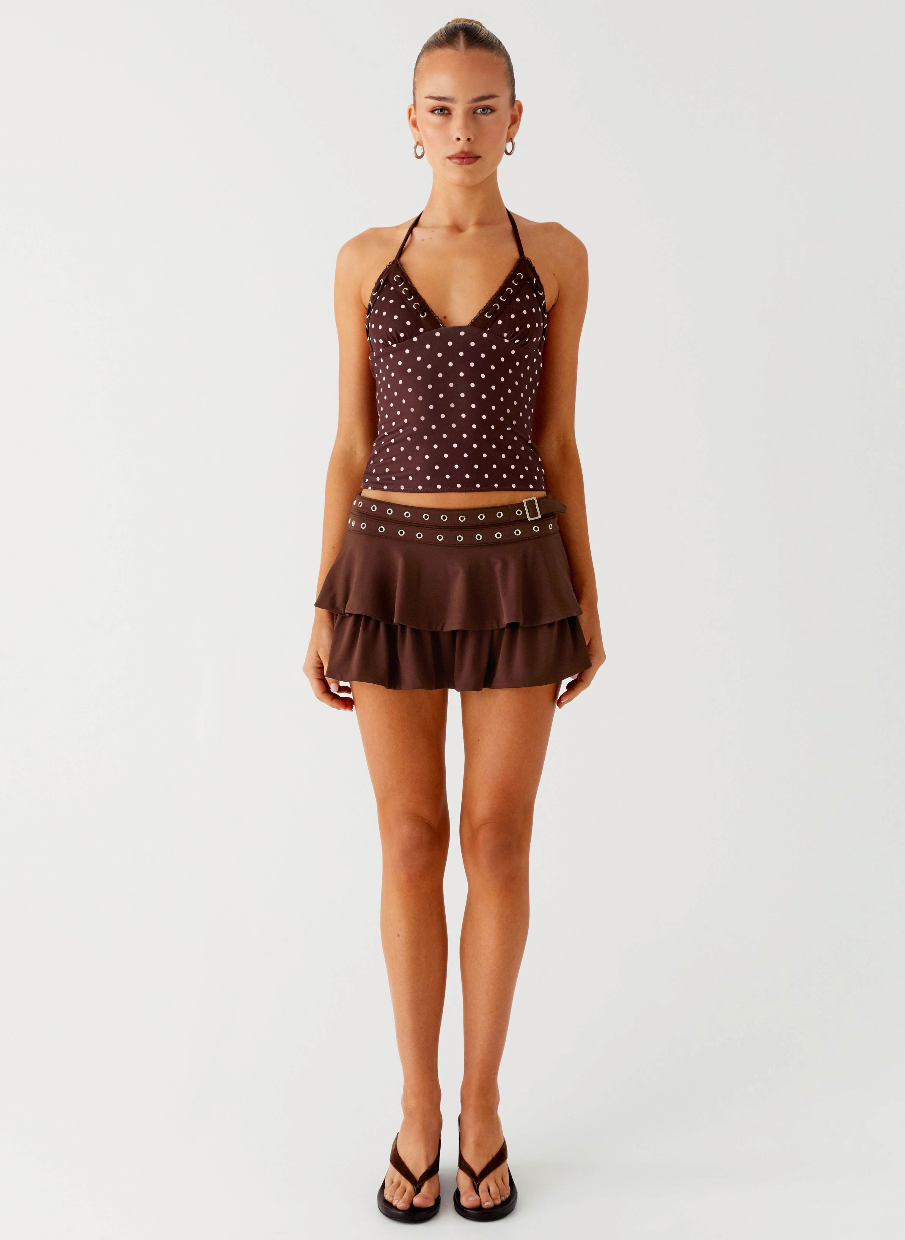 Bahama Eyelet Lace Up Top - Chocolate Strawberry Dot SlipResistant