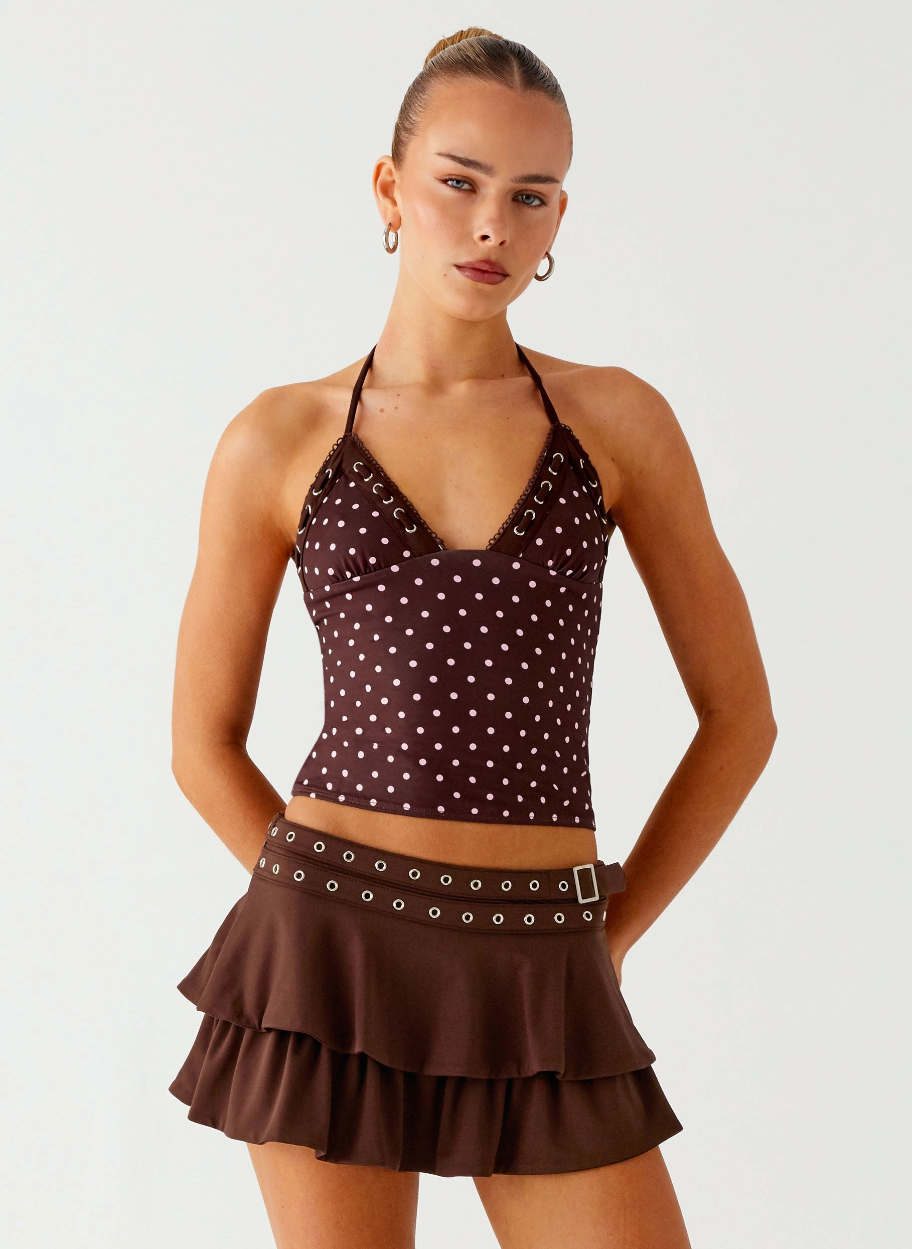 Bahama Eyelet Lace Up Top - Chocolate Strawberry Dot StretchableKnit