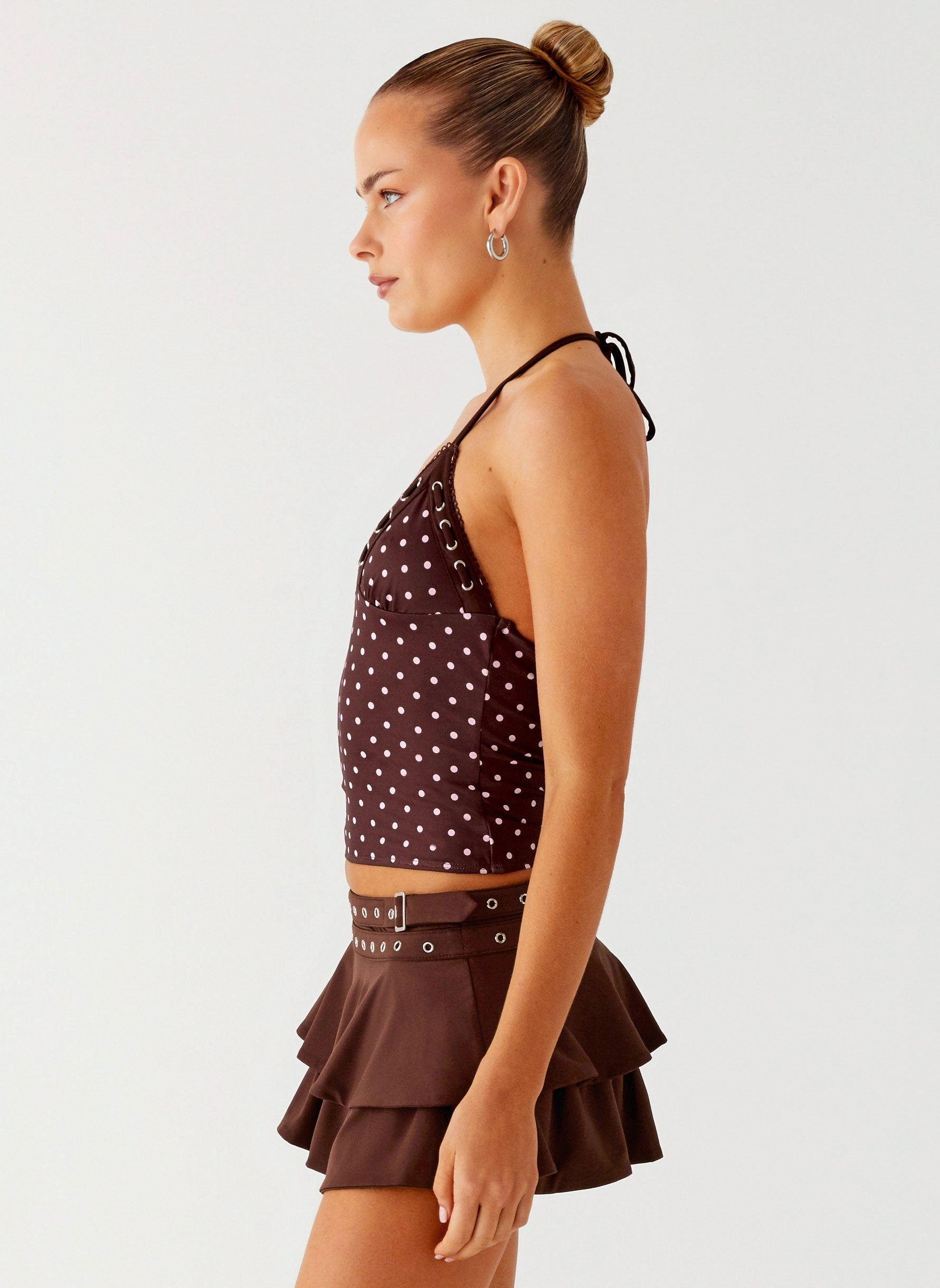 Bahama Eyelet Lace Up Top - Chocolate Strawberry Dot YarnDyed Stripes Flexible Shoulder Gusset