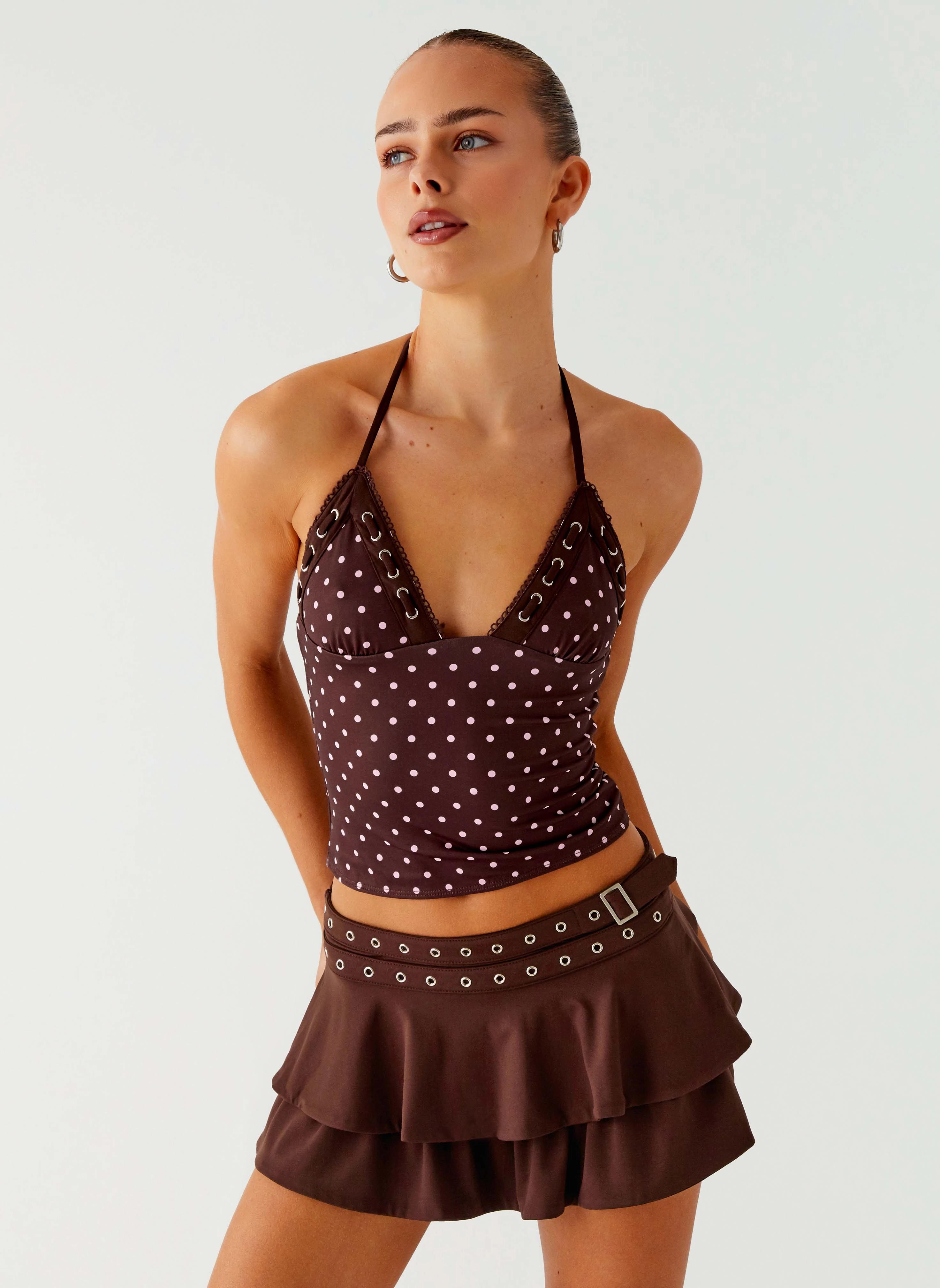Bahama Eyelet Lace Up Top - Chocolate Strawberry Dot StretchMaterial All Over Print Technique