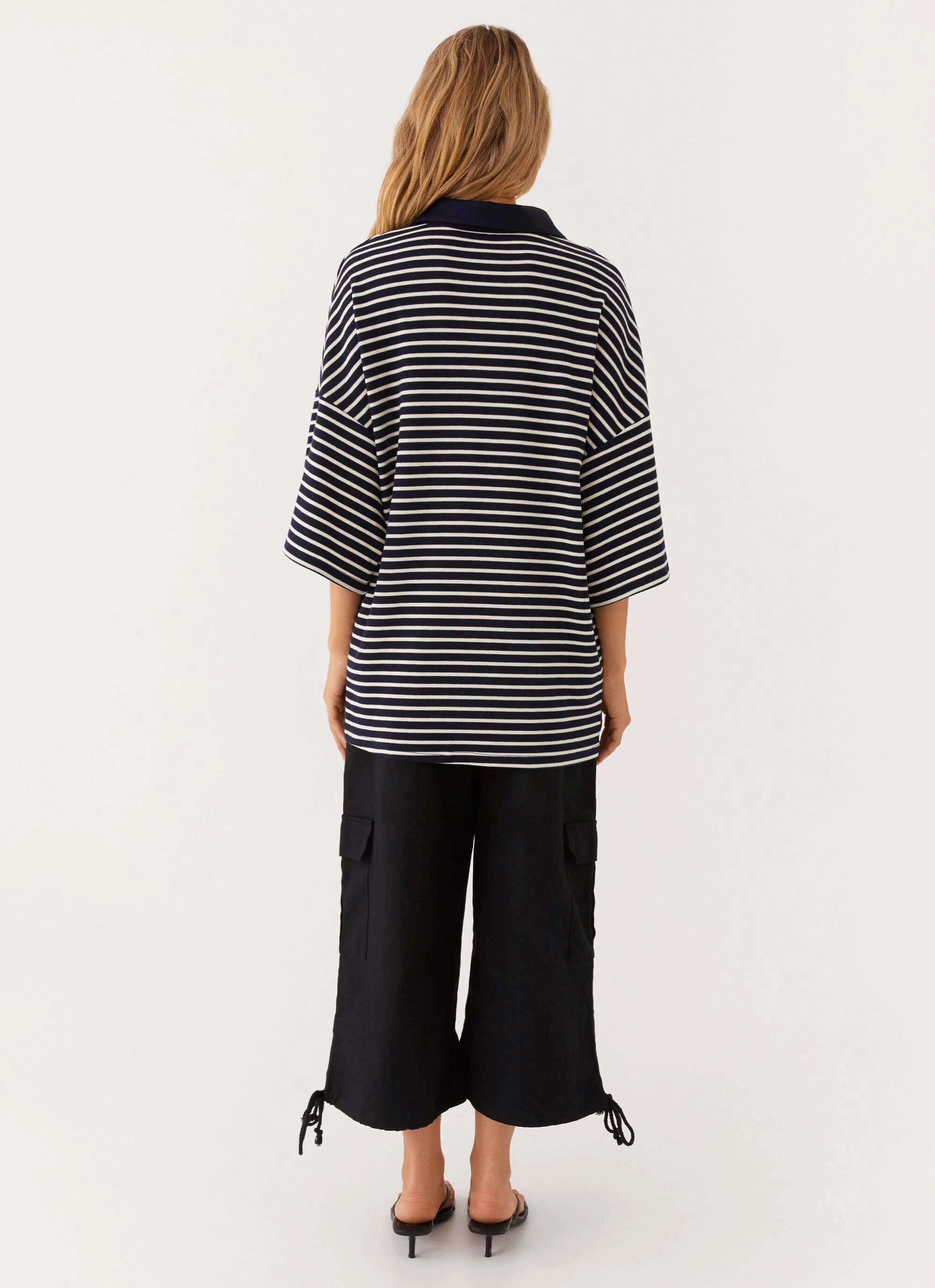 Undefeated Oversized Polo Top - Stripe Relaxed Crew Neck Opening Sporty Style