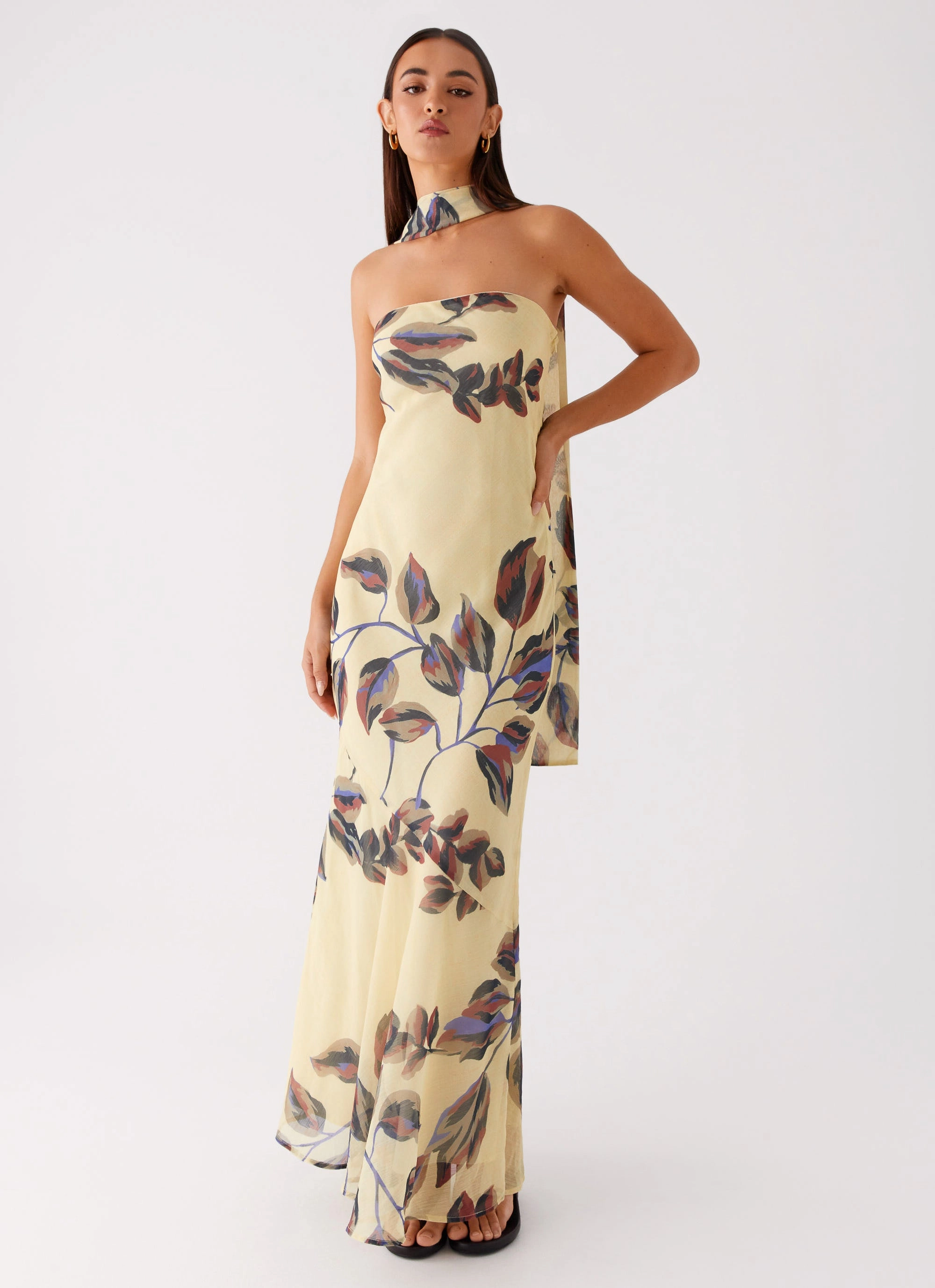 WideCollarDesign Under The Pagoda Maxi Dress - Buttercream Leaf Print