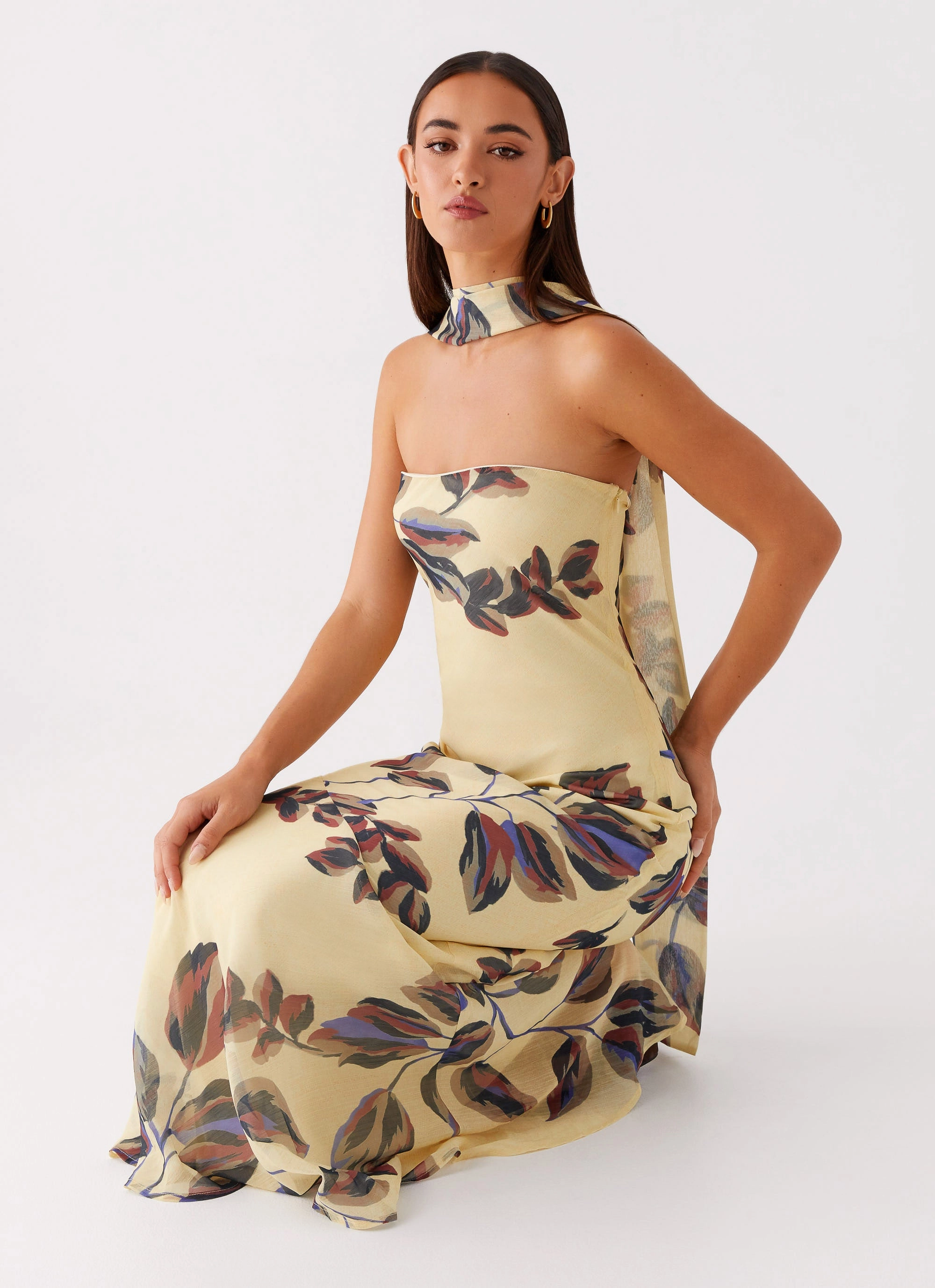 Chilly Weather Wear Edgy Look Under The Pagoda Maxi Dress - Buttercream Leaf Print