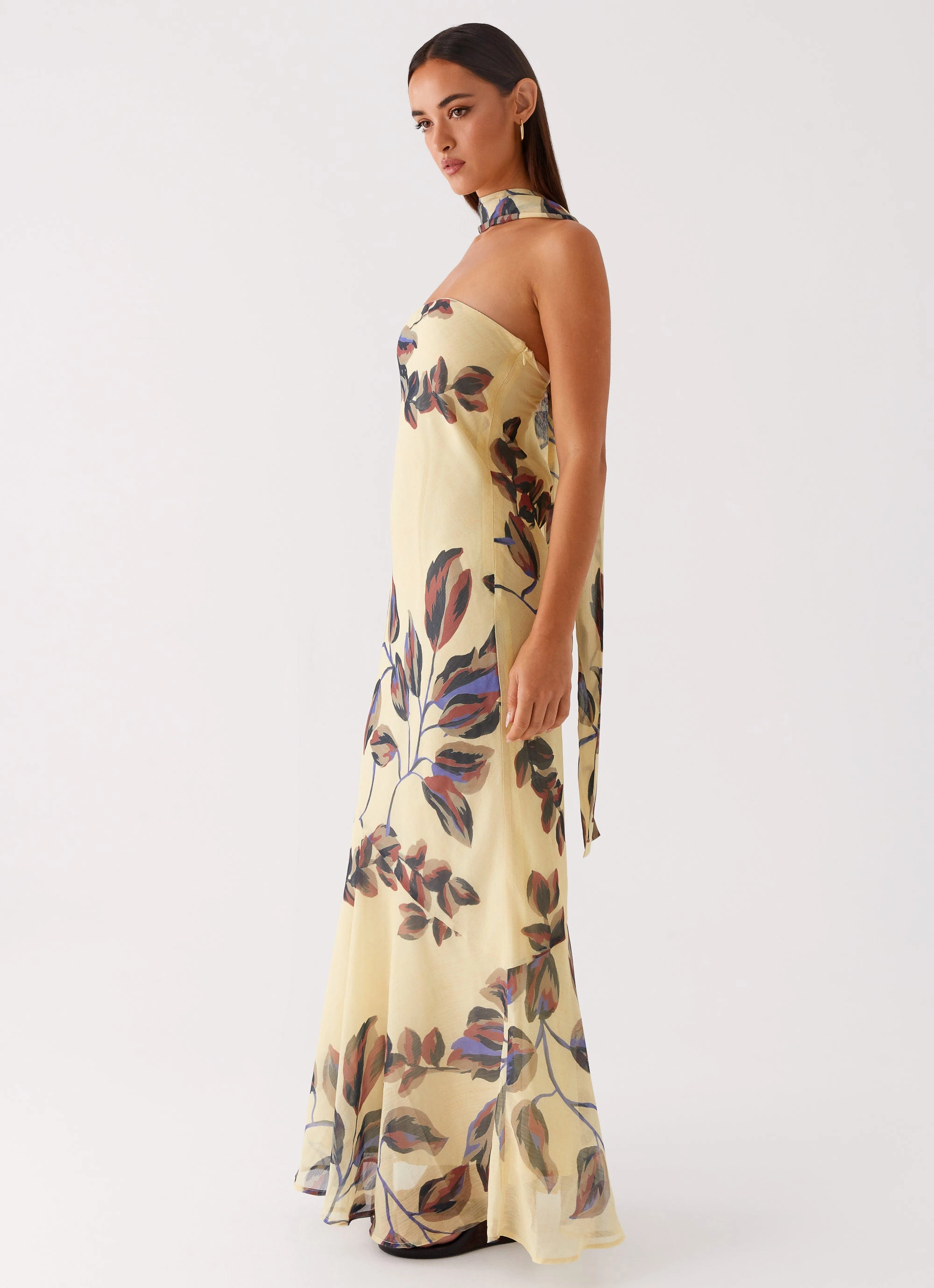 Under The Pagoda Maxi Dress - Buttercream Leaf Print Sleek Silhouette