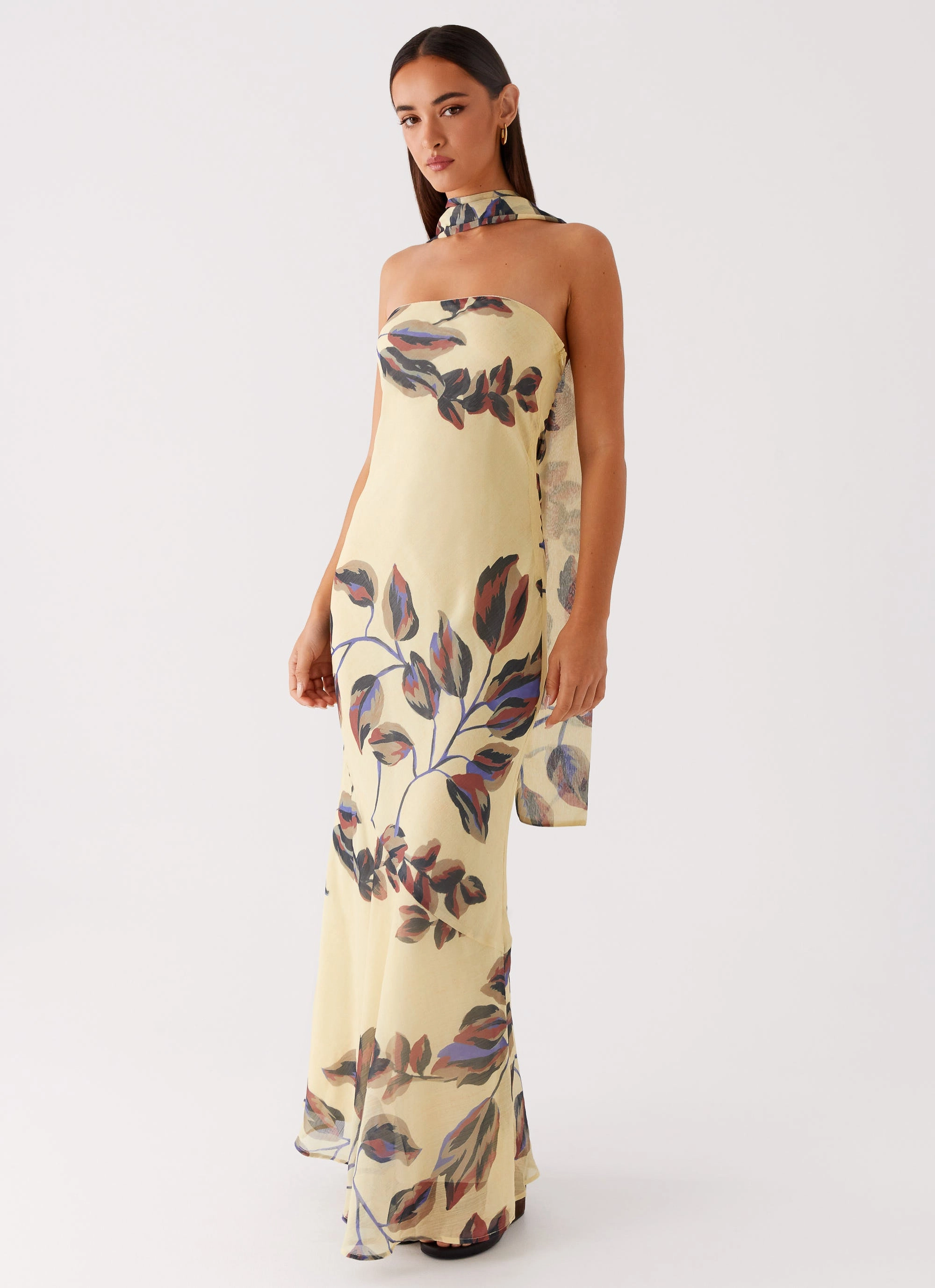 Under The Pagoda Maxi Dress - Buttercream Leaf Print Simple Bow