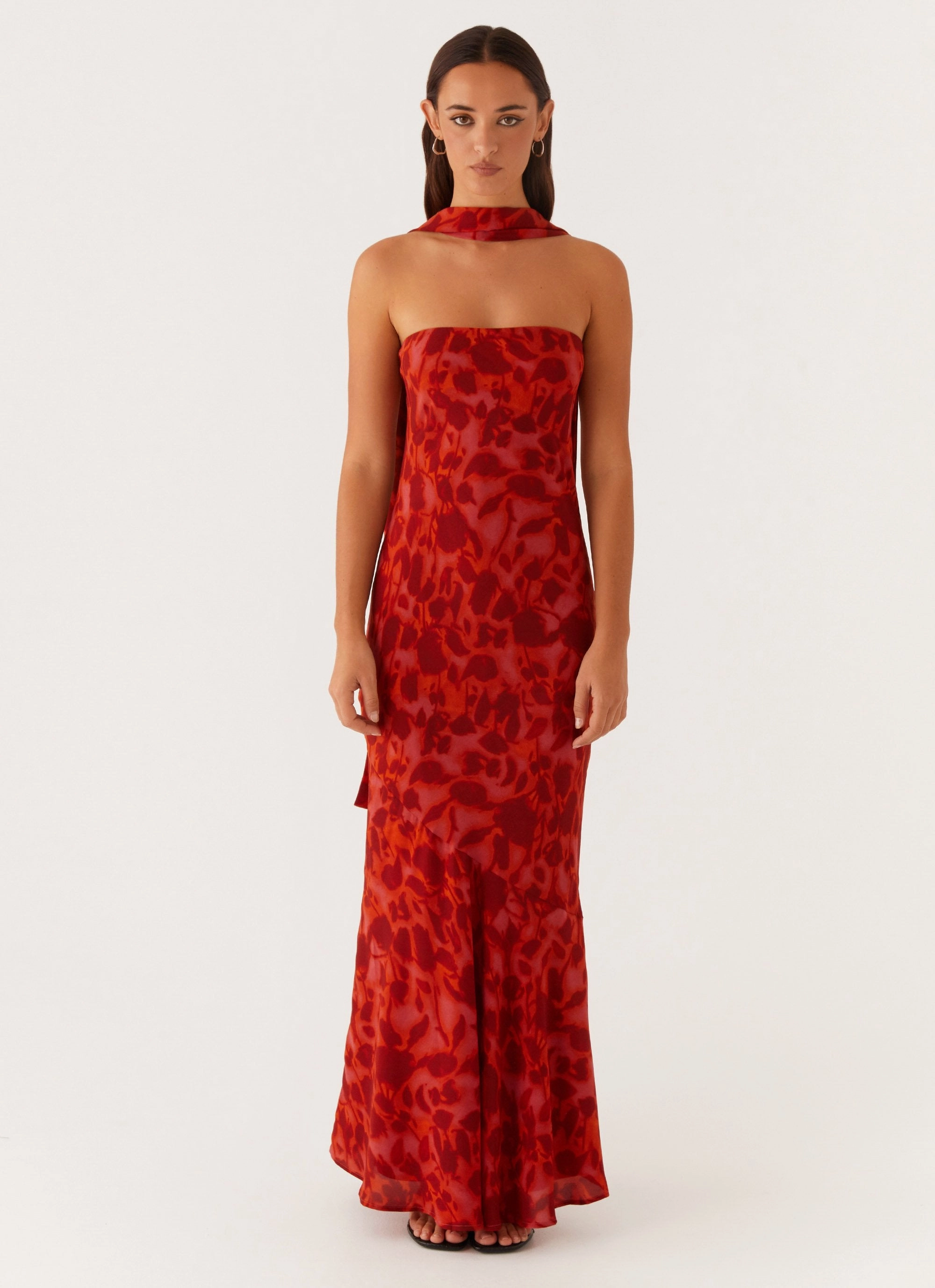 Under The Pagoda Maxi Dress - Deep Red Floral Understated Elegance Feminine Details