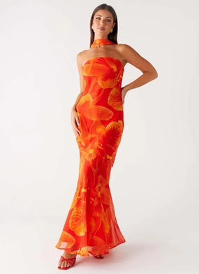 Under The Pagoda Maxi Dress - Orange Floral Sleeveless Cut Under The Pagoda Maxi Dress - Orange Floral Layered Movement Year Rounder