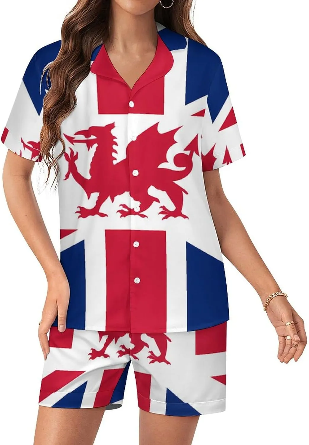 Union Flag (including Wales) Satin Pajamas For Women Set Botton Down Short Sleeves Silk Sleepwear