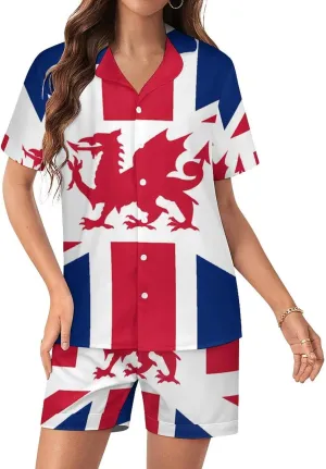 Union Flag (including Wales) Satin Pajamas For Women Set Botton Down Short Sleeves Silk Sleepwear