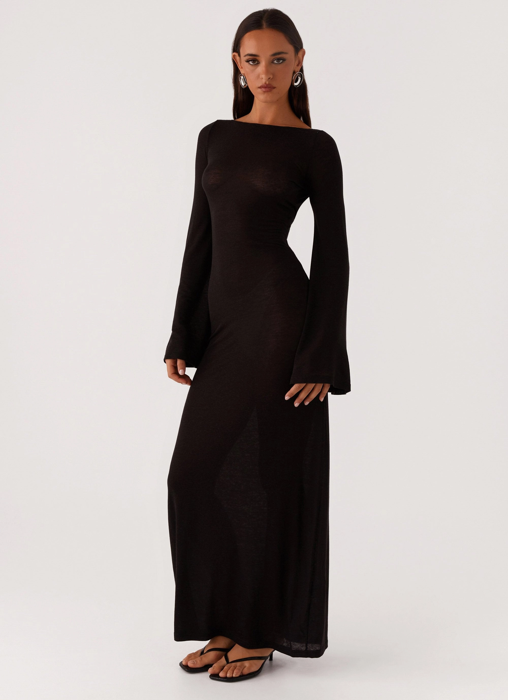 Olivia Long Sleeve Maxi Dress - Black Drawstring-Waist
