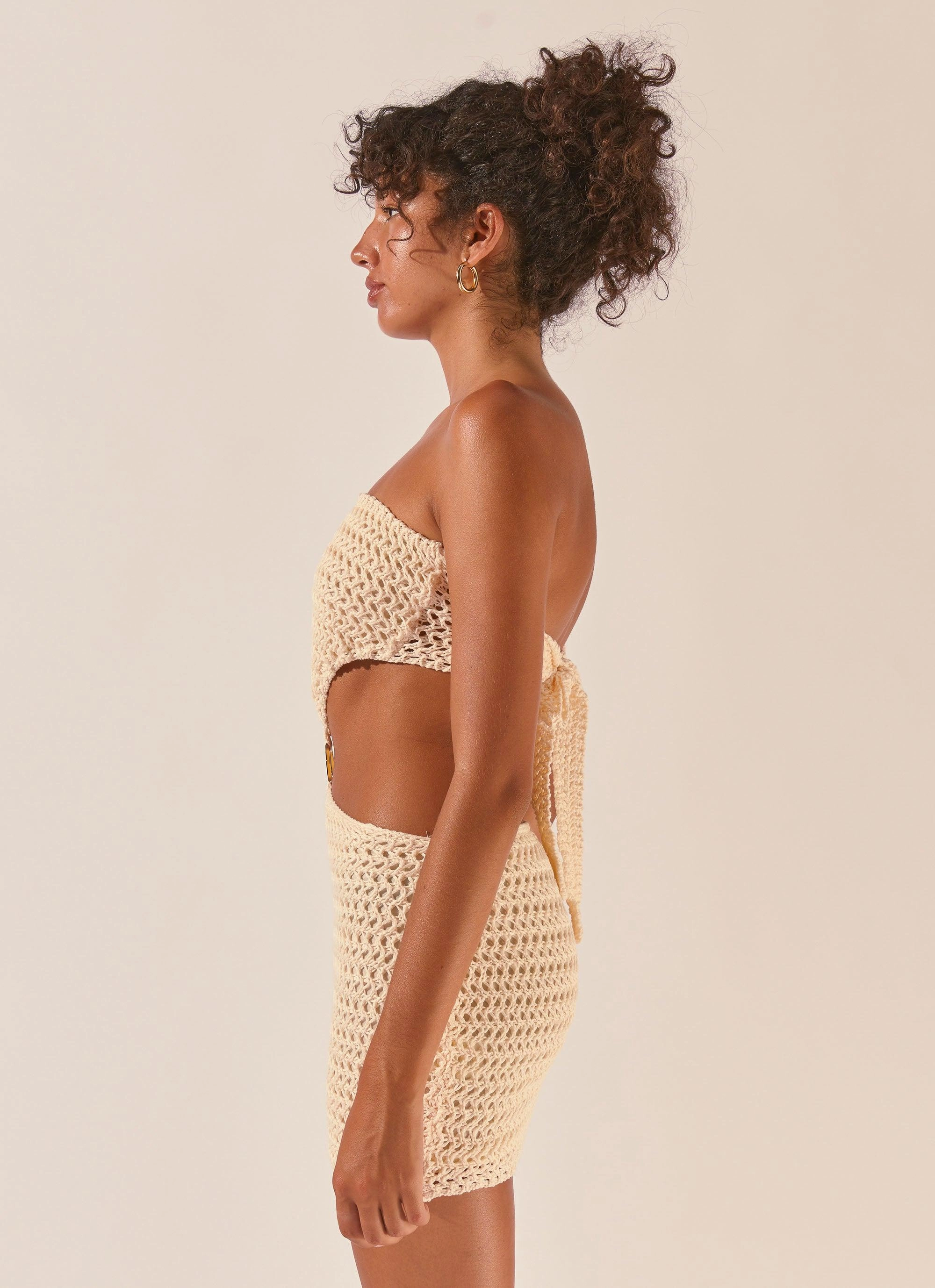 Balmy Nights Crochet Mini Dress - Seashell Urban Drape Soft Draping