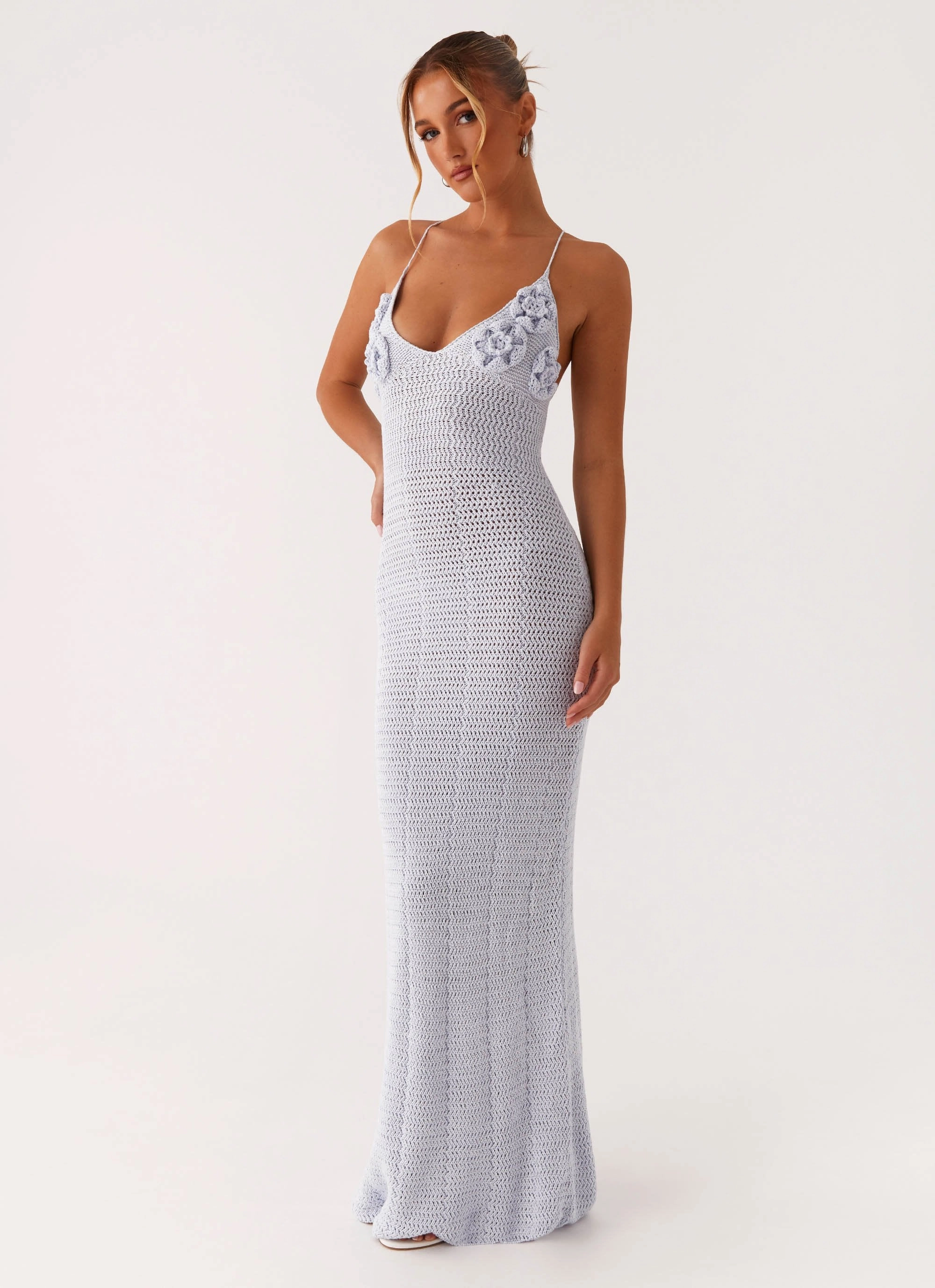 Front Ruffle Zara Rose Crochet Maxi Dress - Blue
