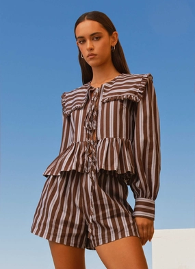 Unmatched Durability Emerson Tie Front Long Sleeve Top - Purple Brown Stripe RecycledBlend Emerson Tie Front Long Sleeve Top - Purple Brown Stripe