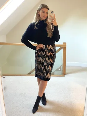 Curvy Fit Phoebe Velvet Sequin Midi Skirt / Black & Gold