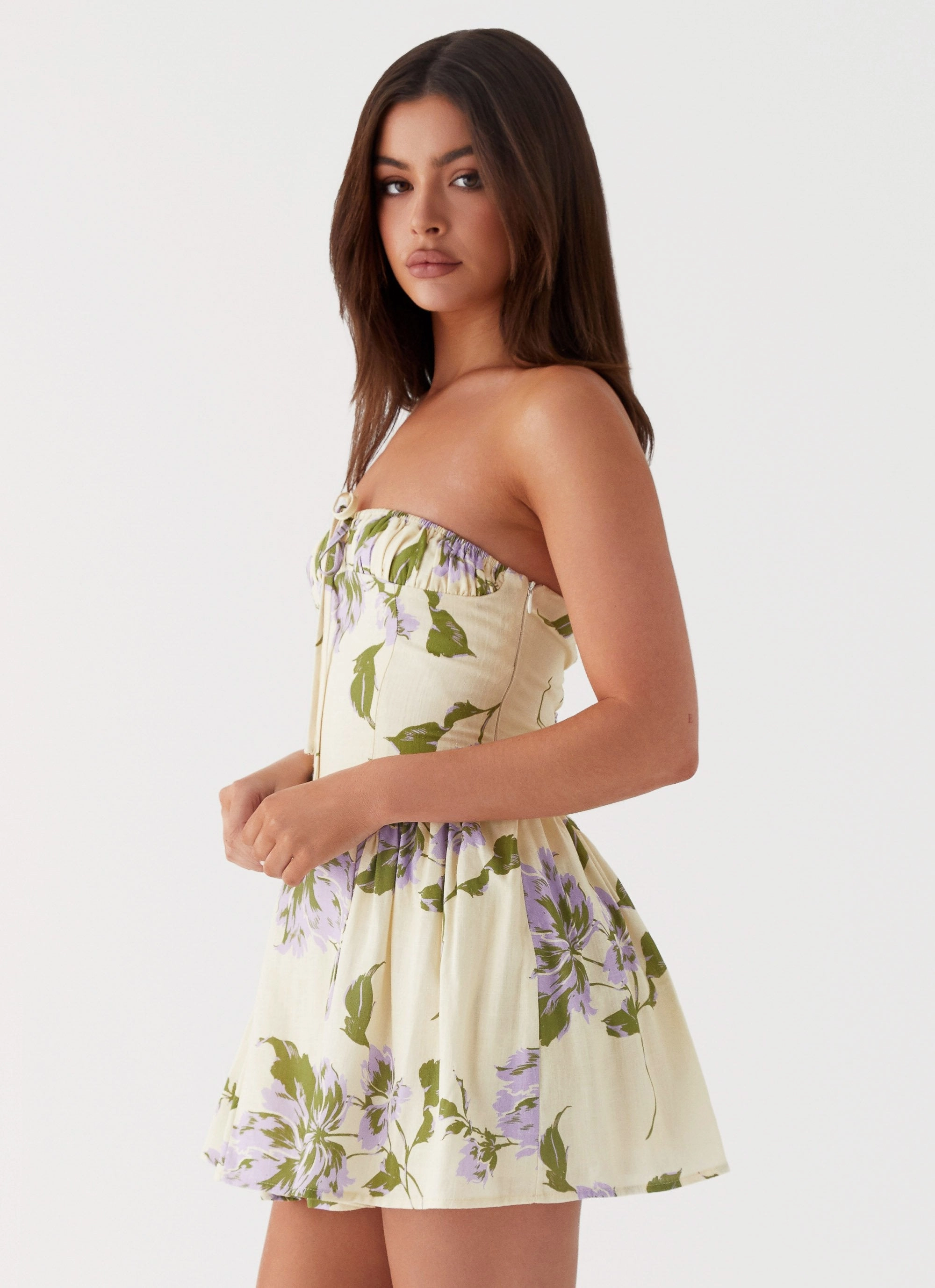 Pardon My French Linen Mini Dress - Yellow Purple Floral Mood Focused Calm Grace