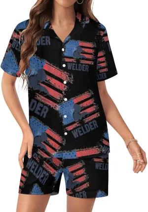 U.S.A. Flag Welder Satin Pajamas For Women Set Botton Down Short Sleeves Silk Sleepwear
