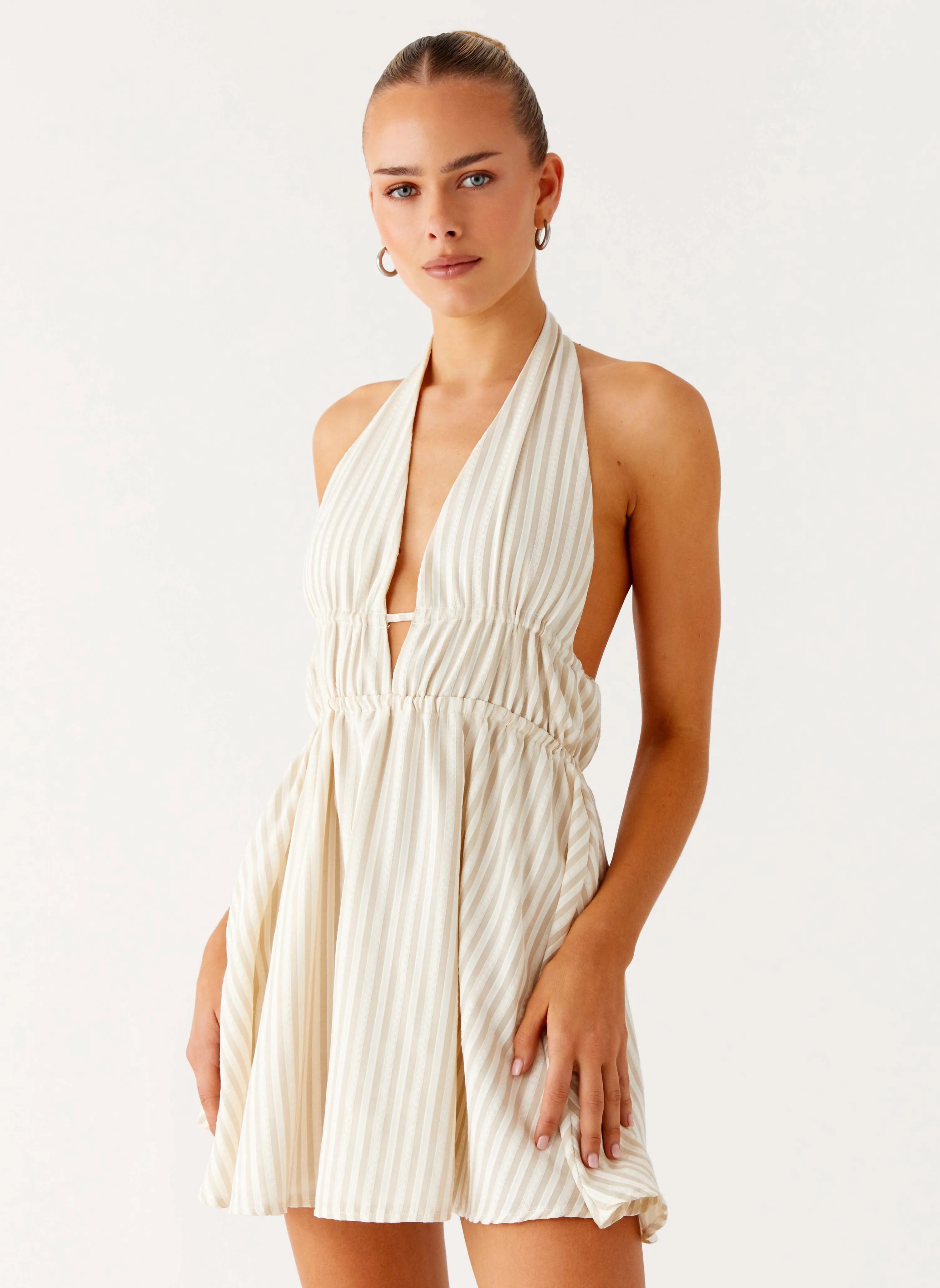 Figaro Halter Mini Dress - Taupe Stripe networking event Trendy Fashion