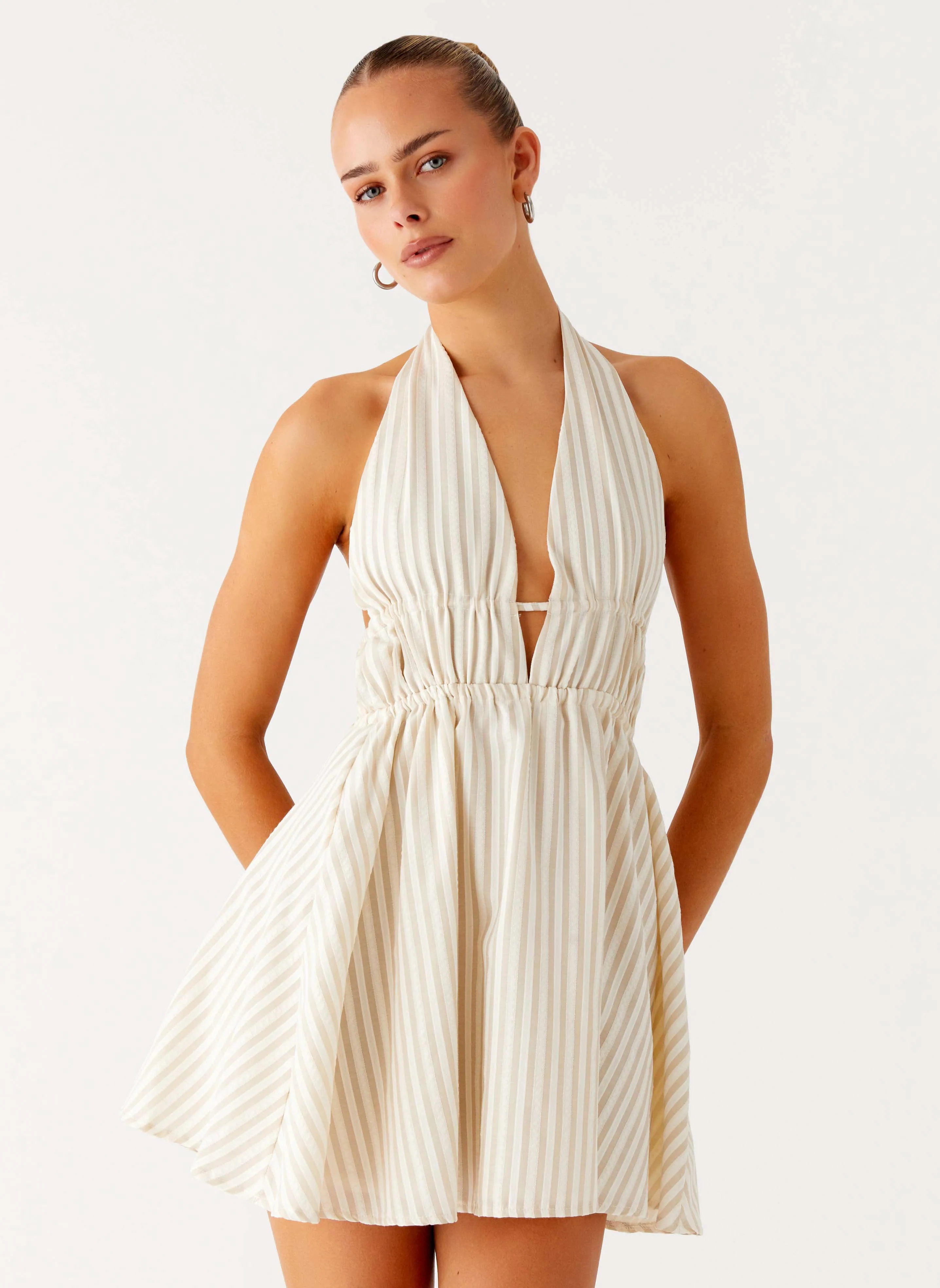 Figaro Halter Mini Dress - Taupe Stripe Trendsetting