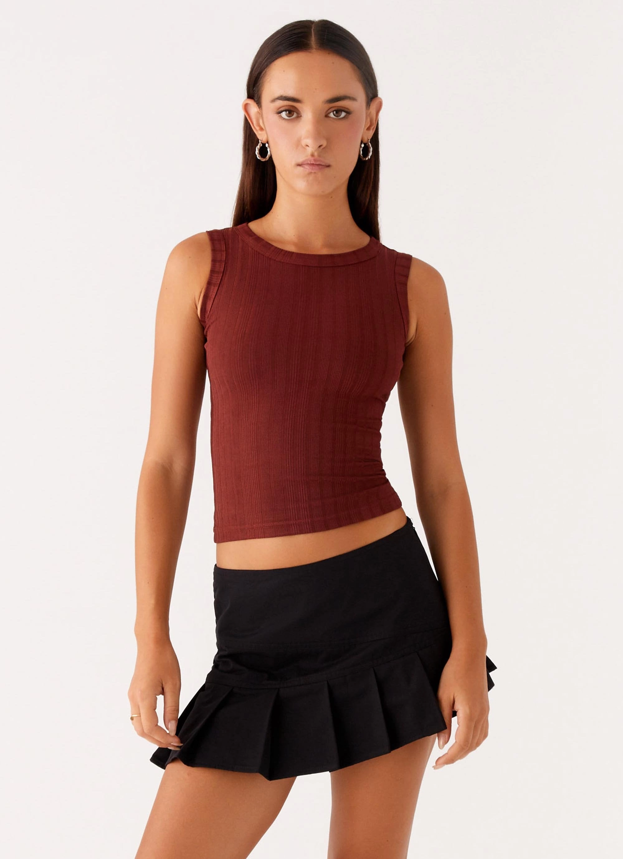 Hybrid Fabric Blend Malene Ribbed Top - Brown