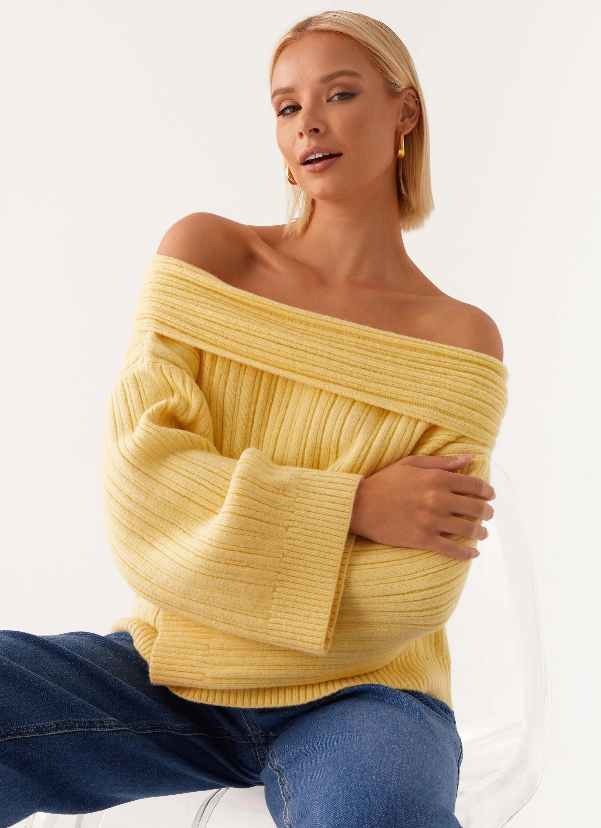 Workout Apparel AthleisureCompatible Federica Off Shoulder Knit - Lemon