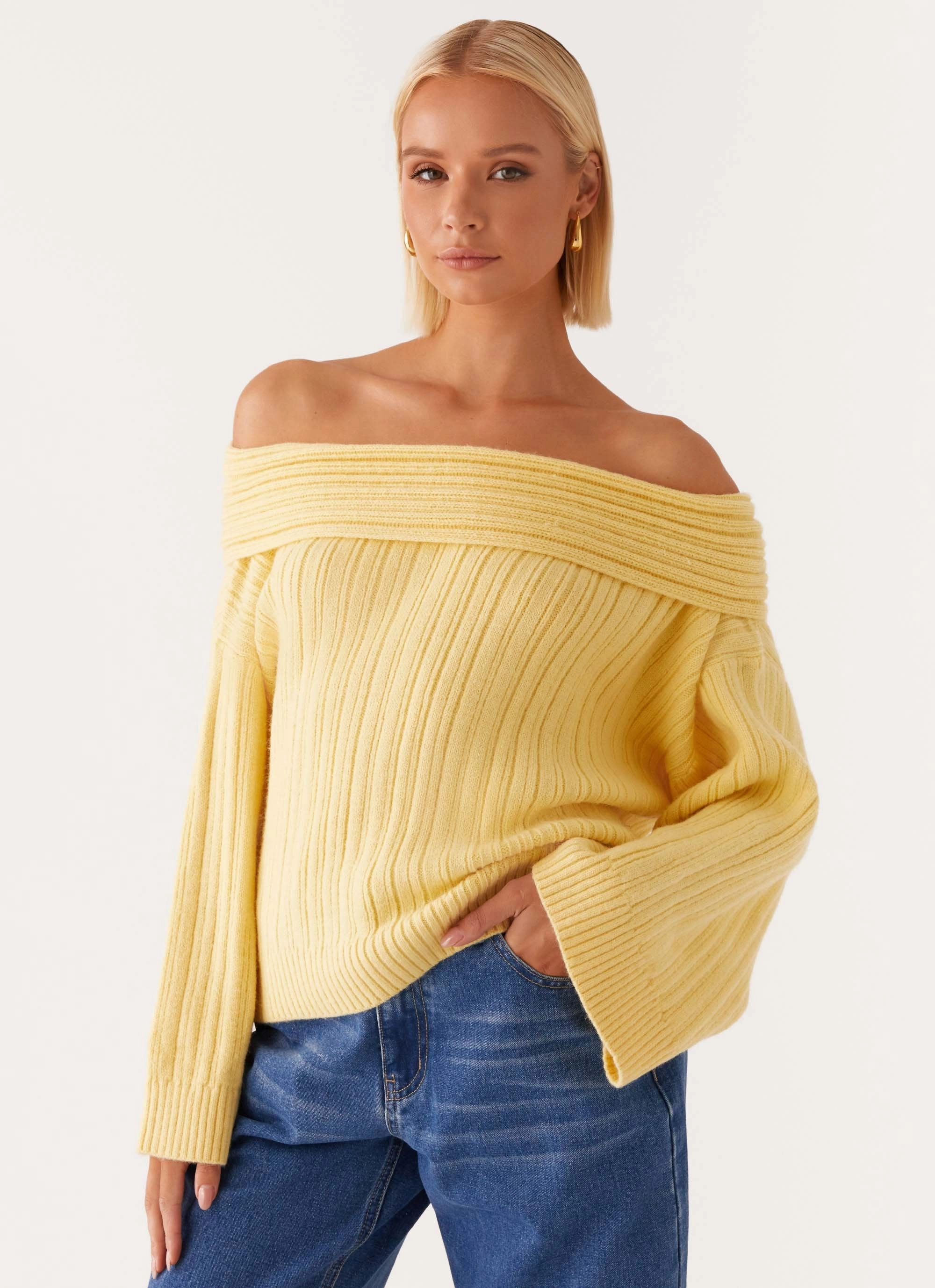 AntiOdorTechnology Slim Silhouette Federica Off Shoulder Knit - Lemon
