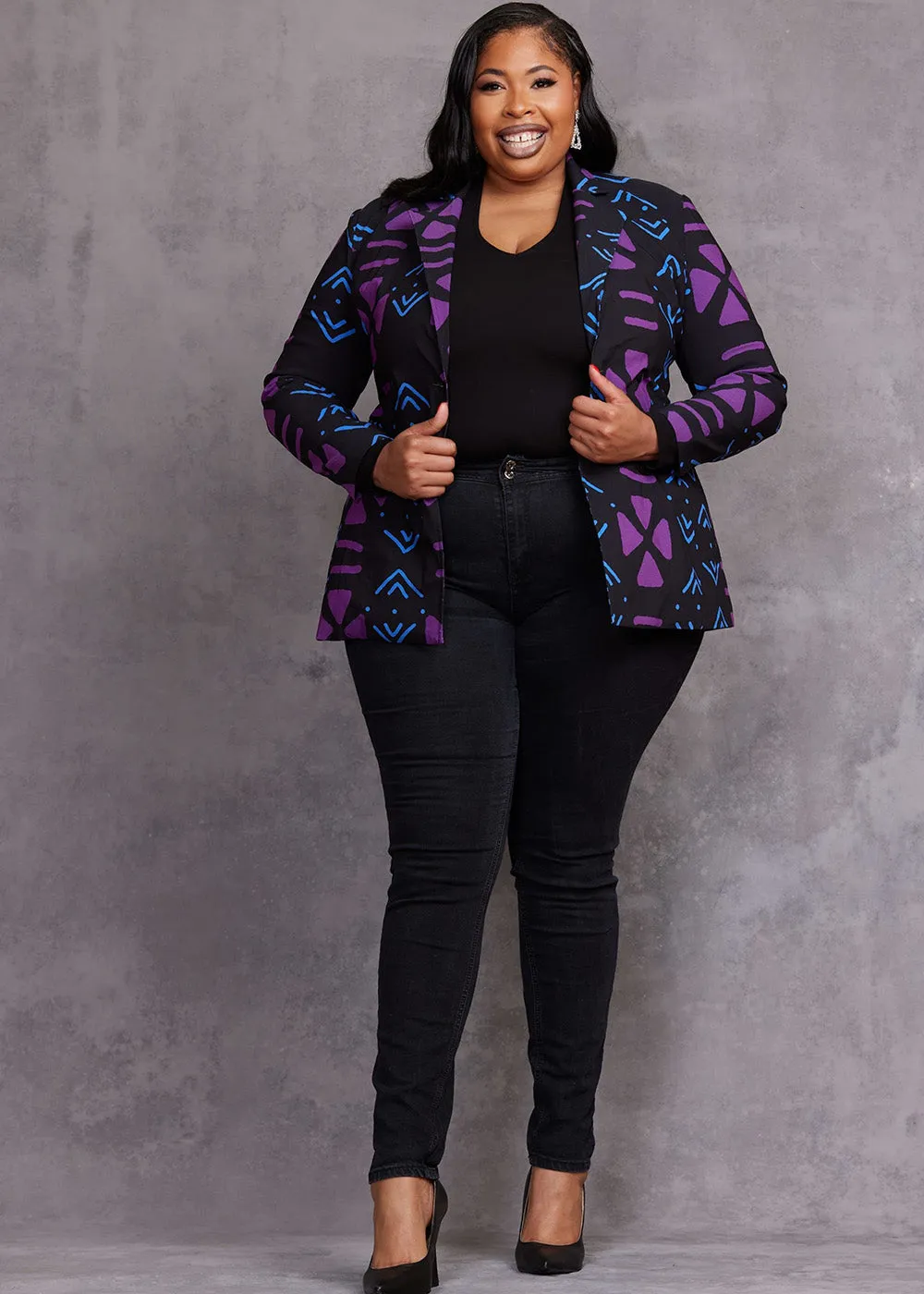Uyai Women's African Print Stretch Blazer (Black Purple Mudcloth)
