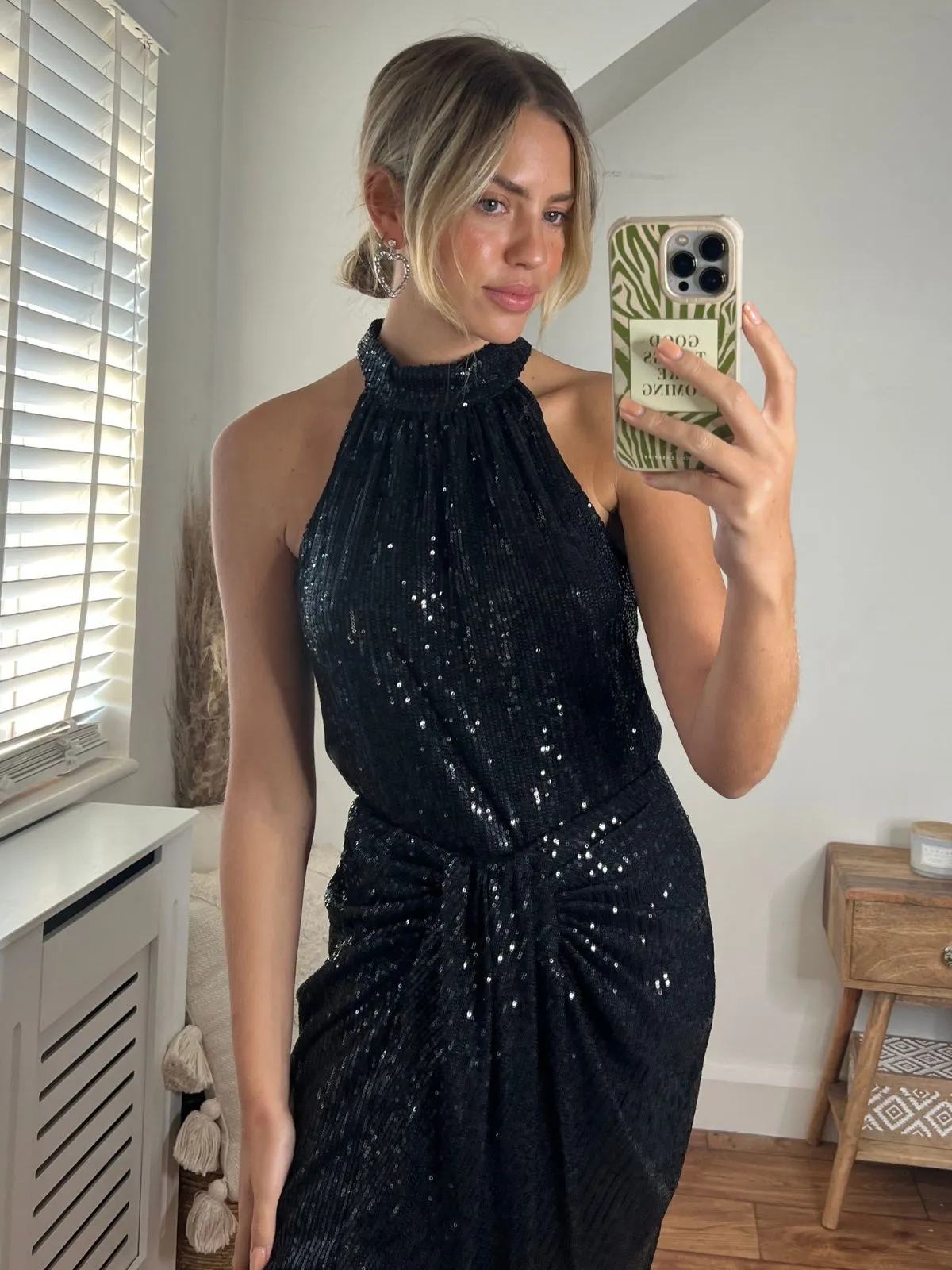 Valencia High Waist Drape Skirt / Black Sequin Faux Leather Style Staple