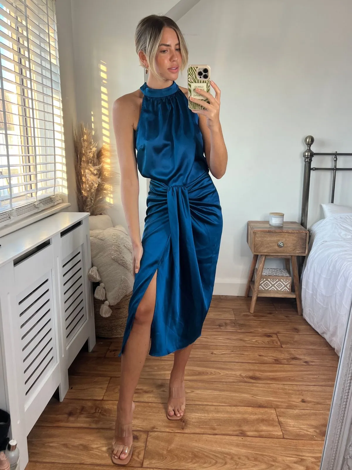 Eco Friendly Dye Valencia High Waist Drape Skirt / Peacock Blue