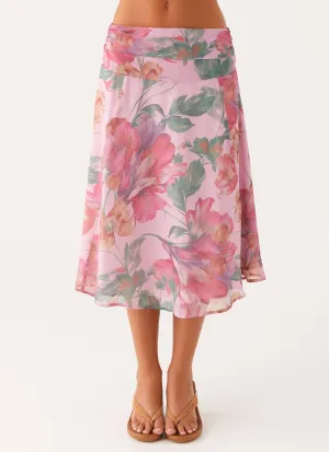 Valley Midi Skirt - Pink Floral Smooth Motion Tiered hem Valley Midi Skirt - Pink Floral
