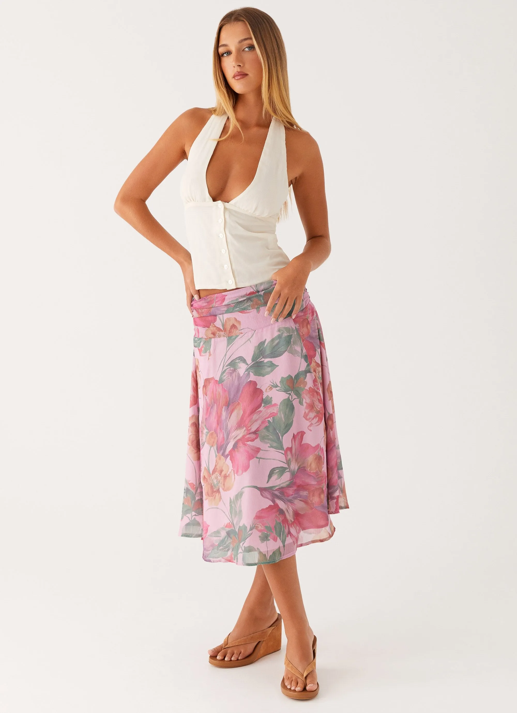 Basic Layers perforated design Valley Midi Skirt - Pink Floral