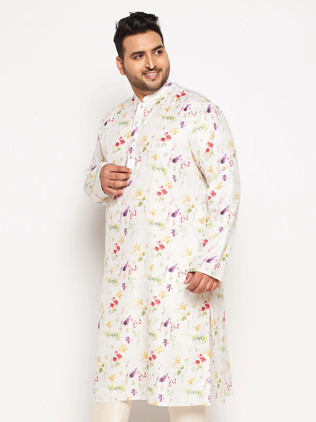 VASTRAMAY Men's Plus Size Cream Cotton Blend Printed Kurta