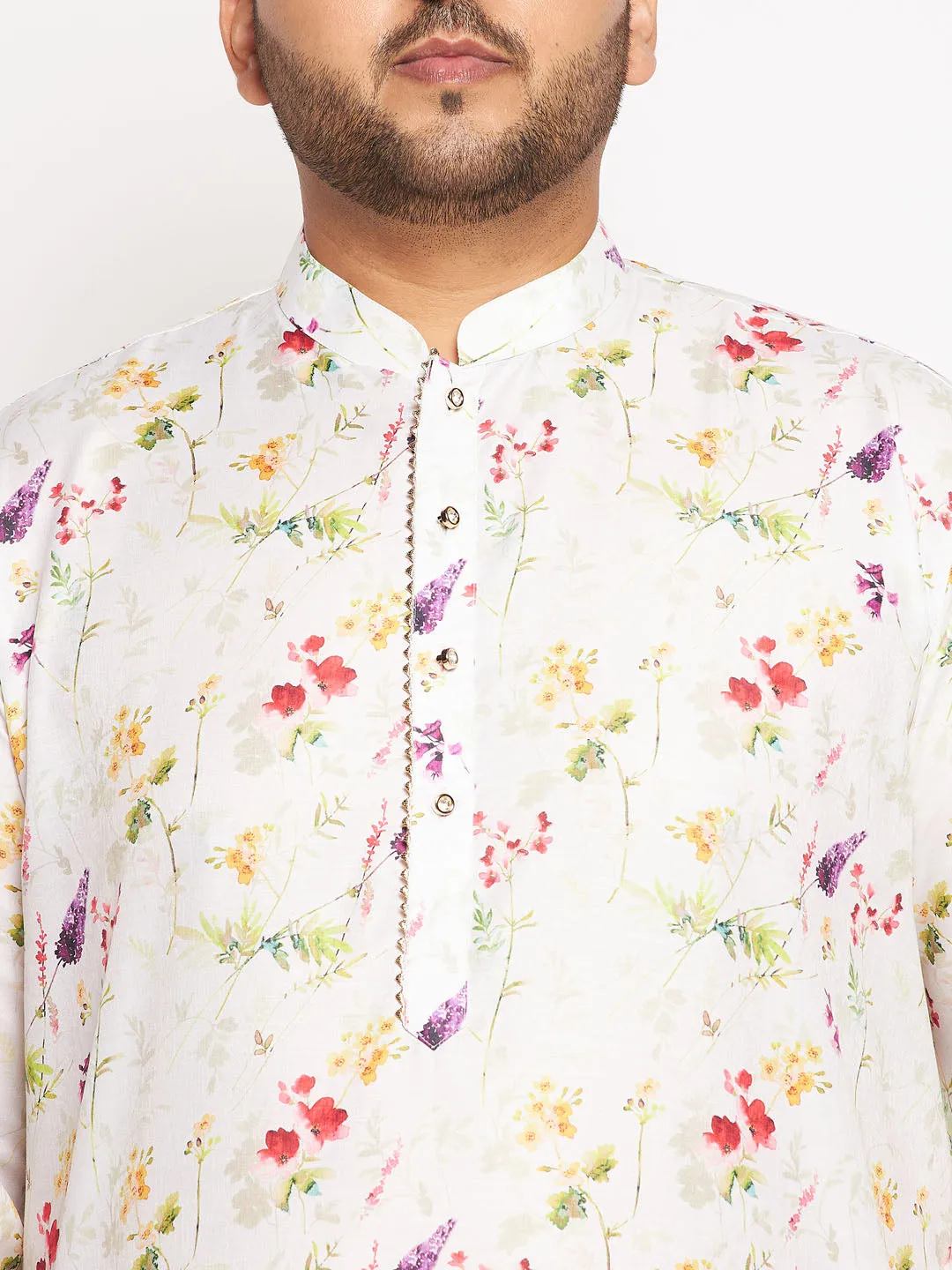 VASTRAMAY Men's Plus Size Cream Cotton Blend Printed Kurta