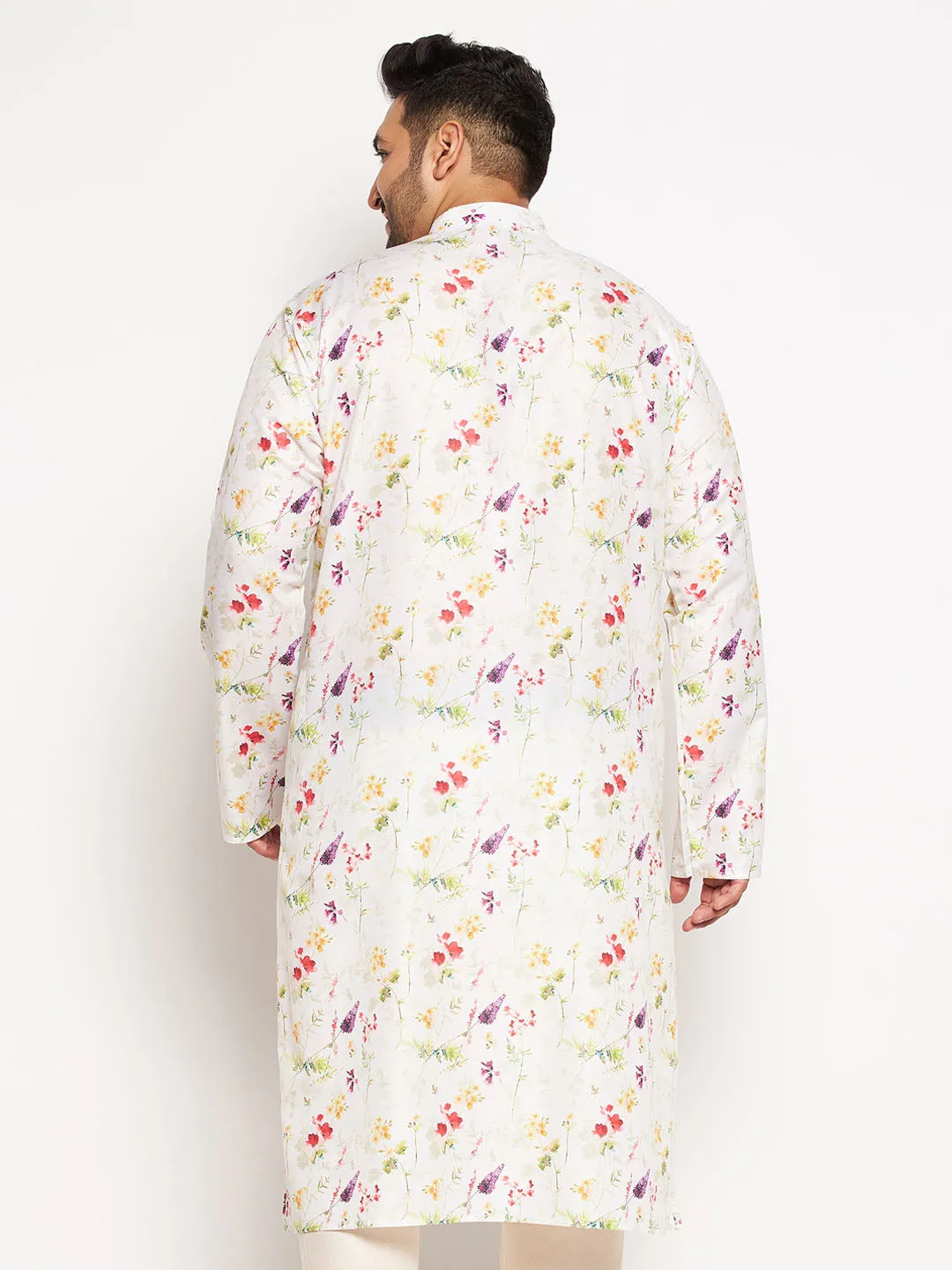 VASTRAMAY Men's Plus Size Cream Cotton Blend Printed Kurta