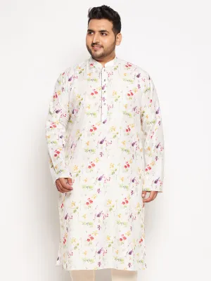 VASTRAMAY Men's Plus Size Cream Cotton Blend Printed Kurta