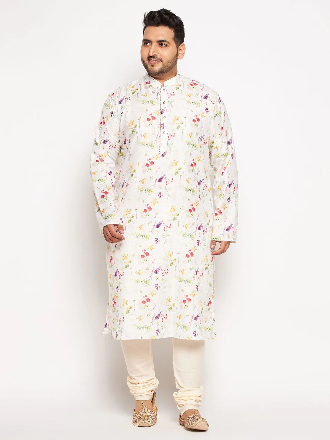 VASTRAMAY Men's Plus Size Cream Cotton Blend Printed Kurta