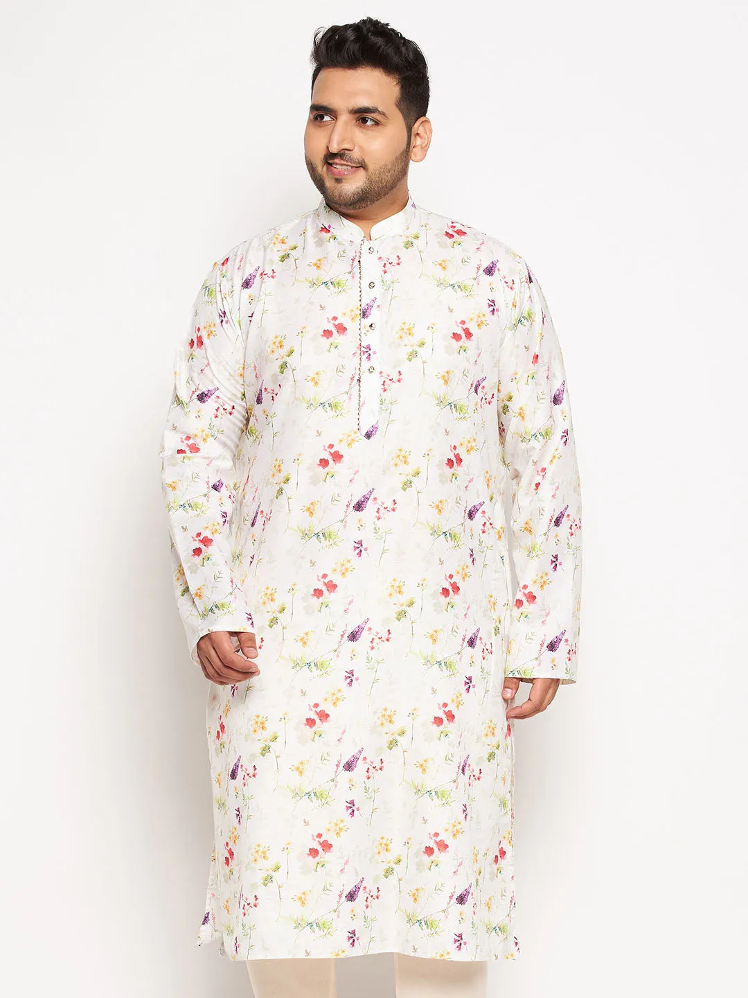 VASTRAMAY Men's Plus Size Cream Cotton Blend Printed Kurta